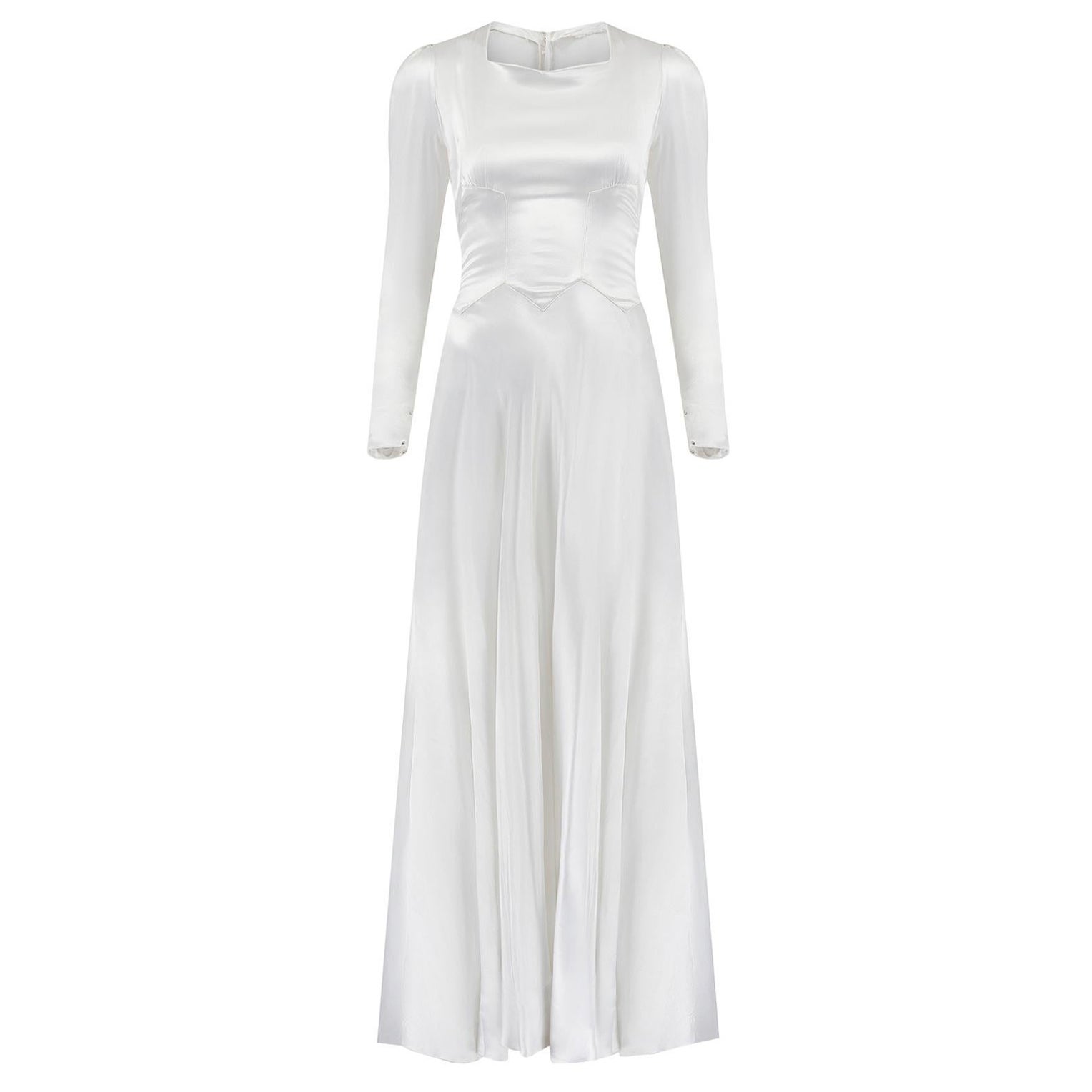 Abito da sposa anni '40 in raso bianco con strascico