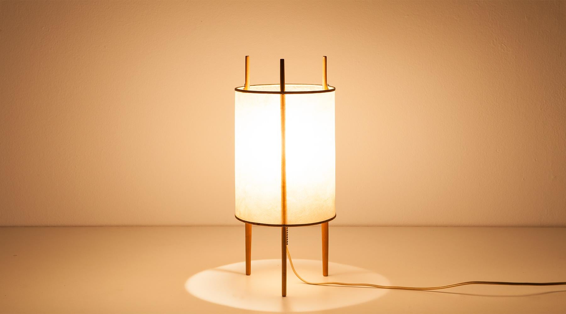 Sculptural light, table lamp by Isamu Noguchi, USA, 1947.

Beautiful table lamp by Isamu Noguchi. The shade is made out of fiberglas-reinforced polyvinyl and stands on three wooden sticks. The lamp promises a very warm, pleasant light. Manufactured