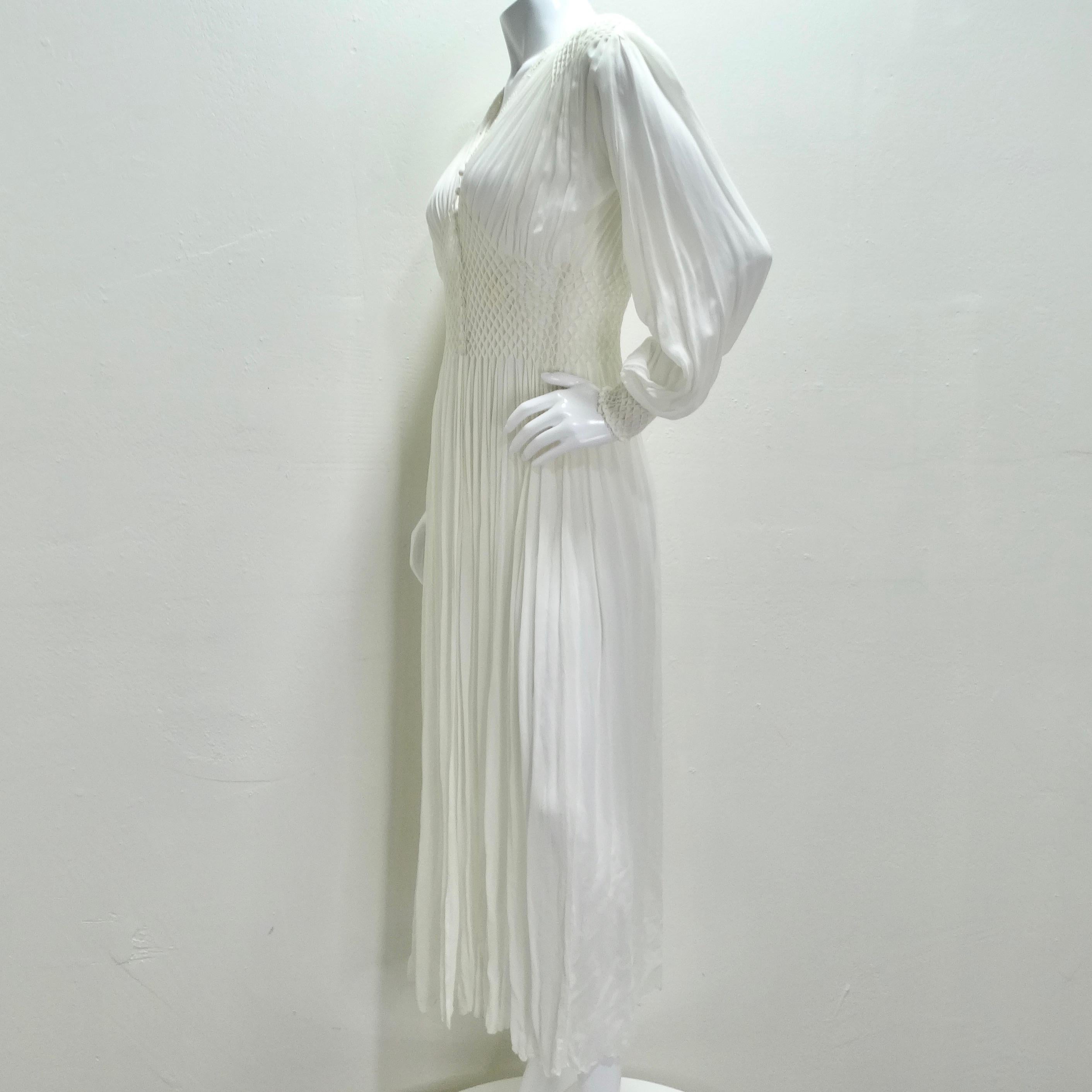 1940s White Smocked Sheer Maxi Dress For Sale 6