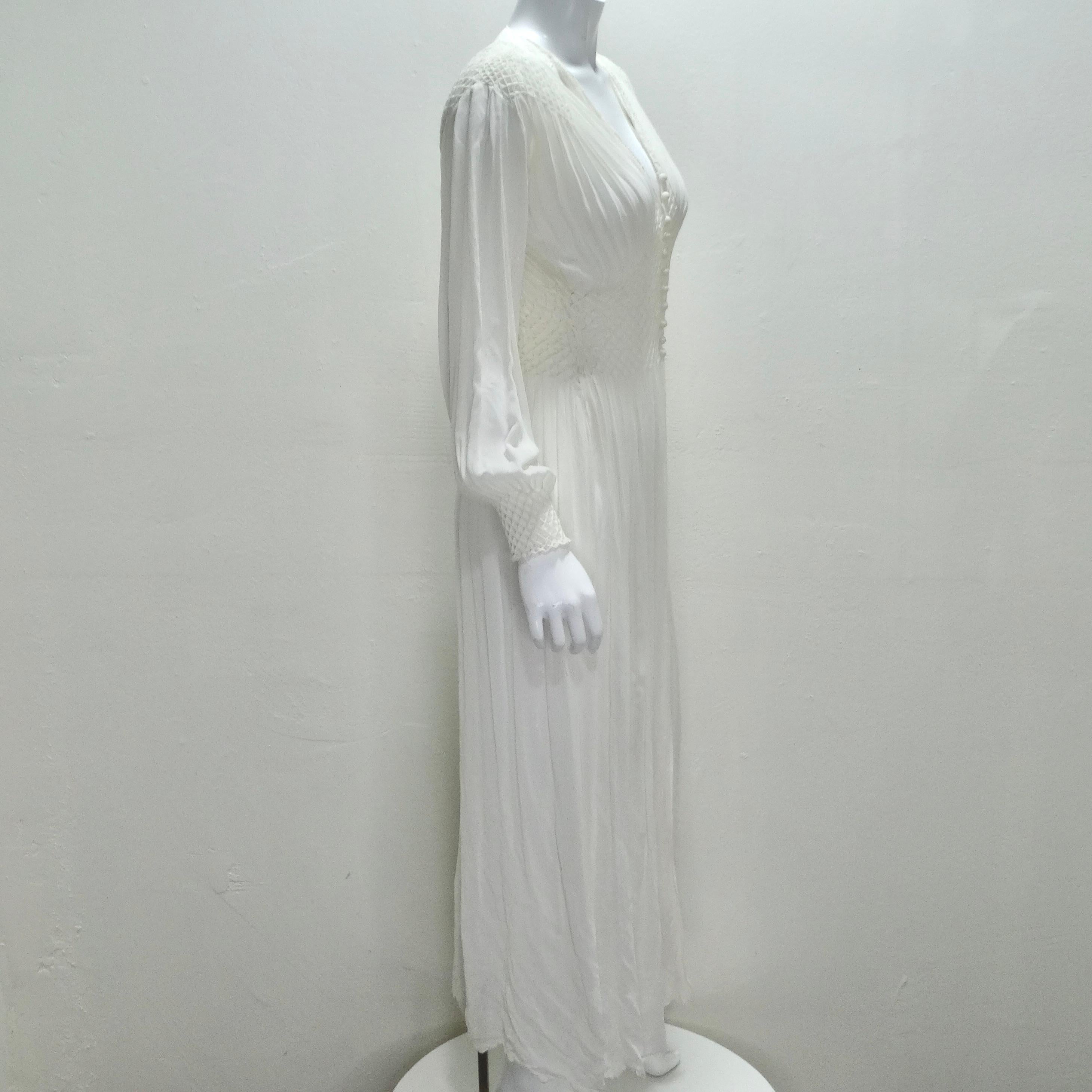 1940s White Smocked Sheer Maxi Dress For Sale 2