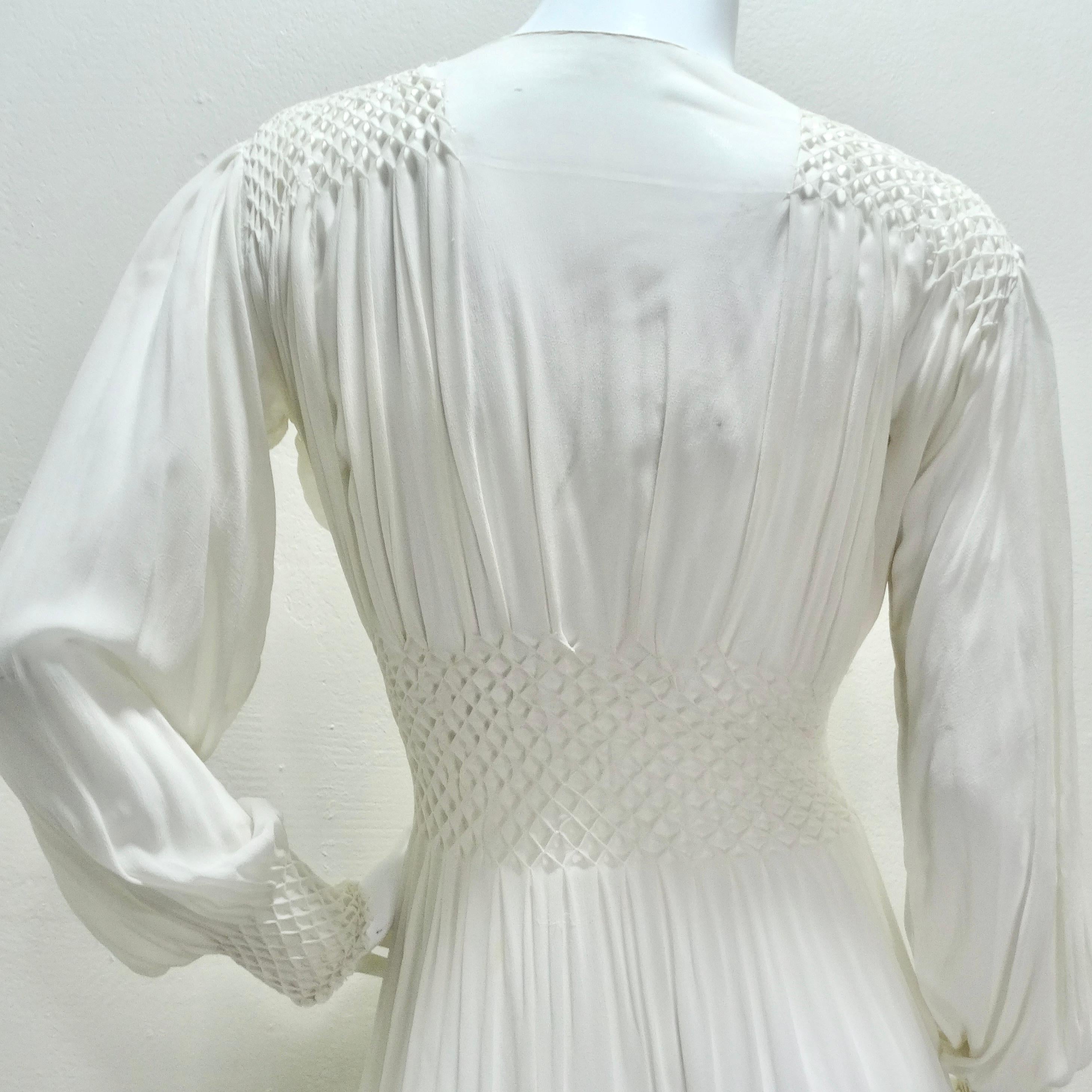 1940s White Smocked Sheer Maxi Dress For Sale 3