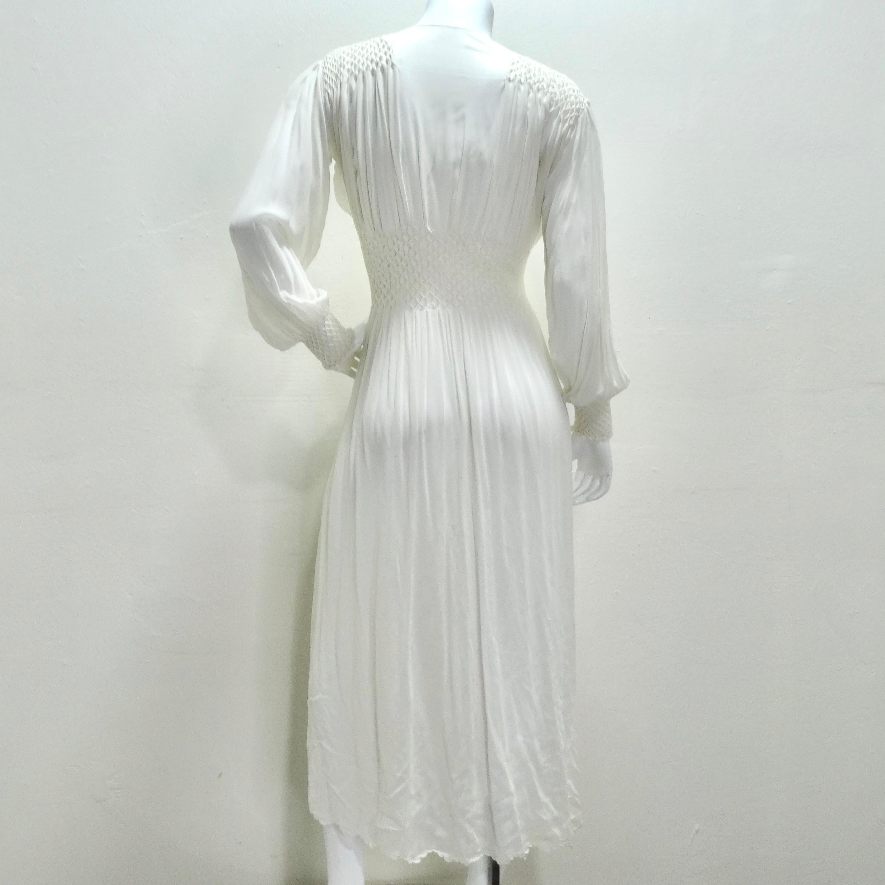 1940s White Smocked Sheer Maxi Dress For Sale 4