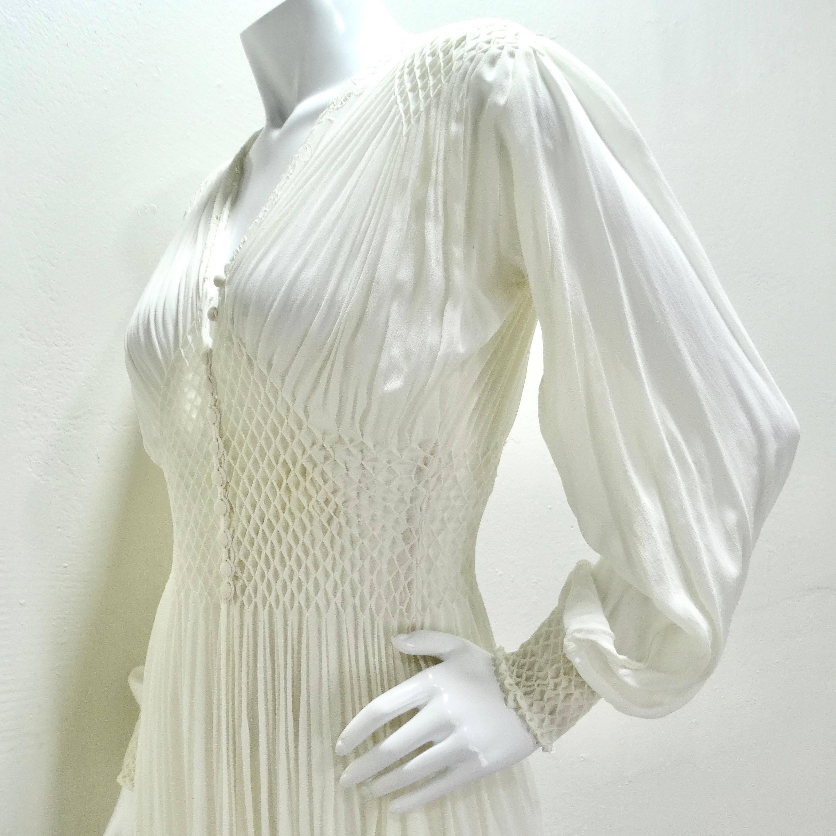 1940s White Smocked Sheer Maxi Dress For Sale 5