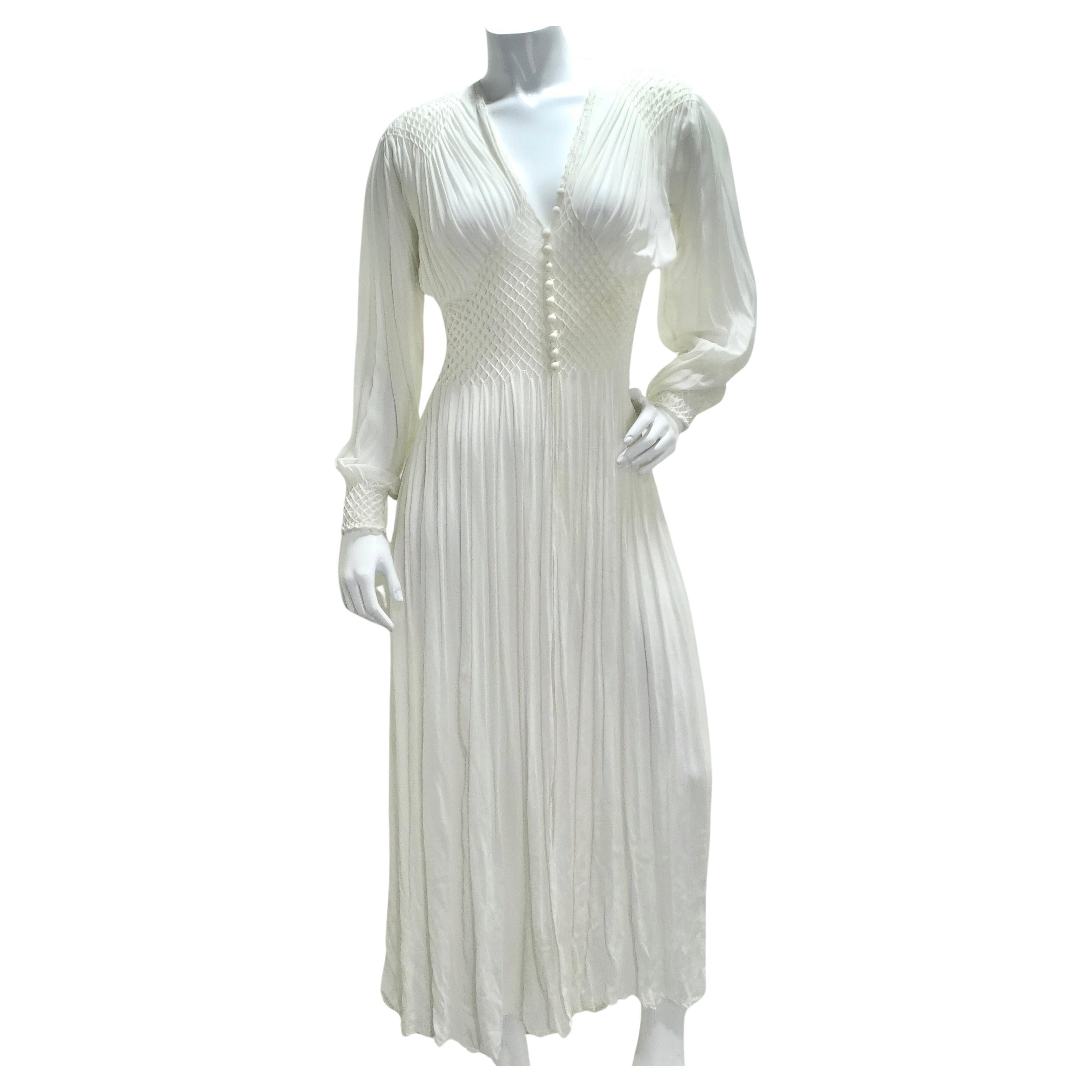 1940s White Smocked Sheer Maxi Dress For Sale