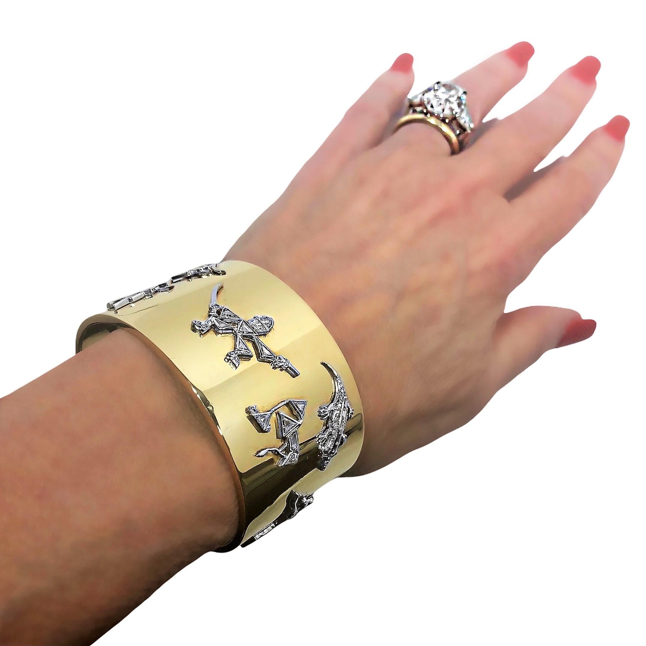 1940's Wide Gold Cuff with Platinum & Diamond Art Deco Charms 5