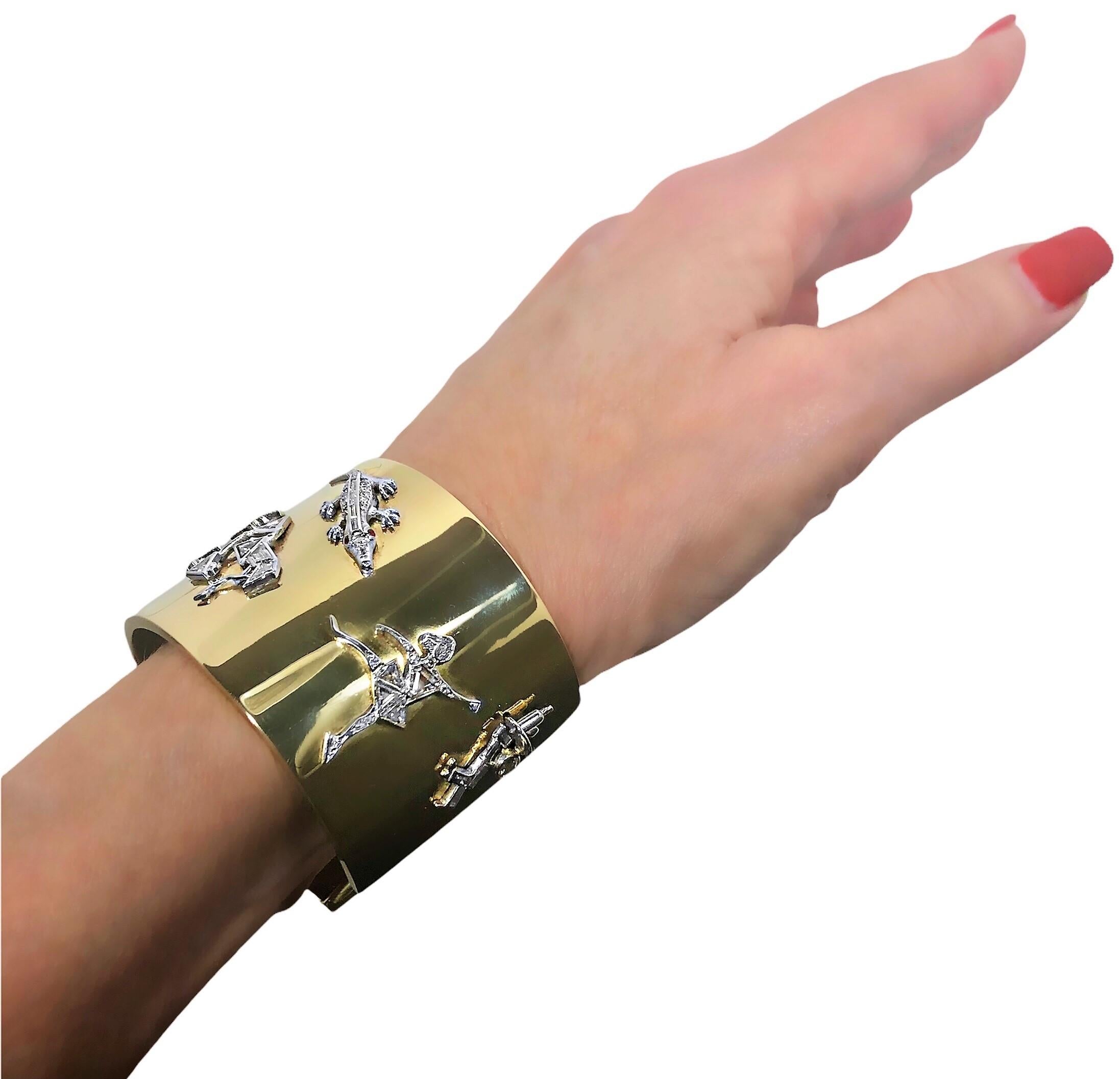 1940's Wide Gold Cuff with Platinum & Diamond Art Deco Charms 6