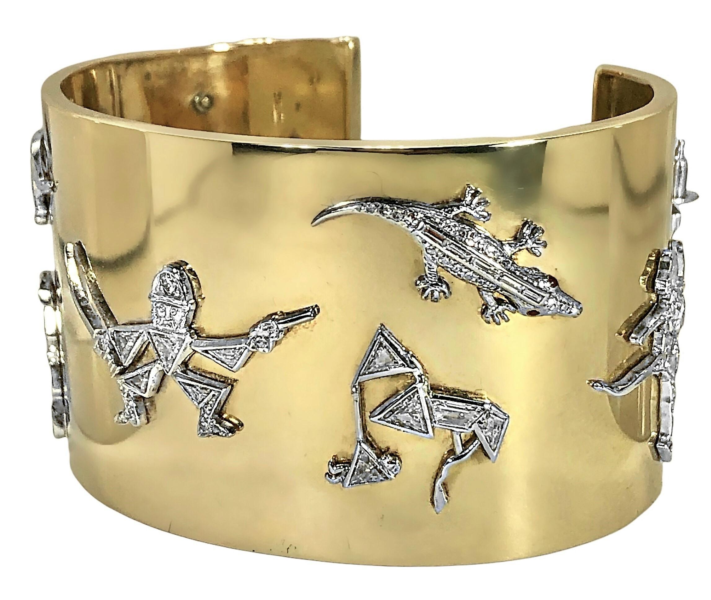 Baguette Cut 1940's Wide Gold Cuff with Platinum & Diamond Art Deco Charms