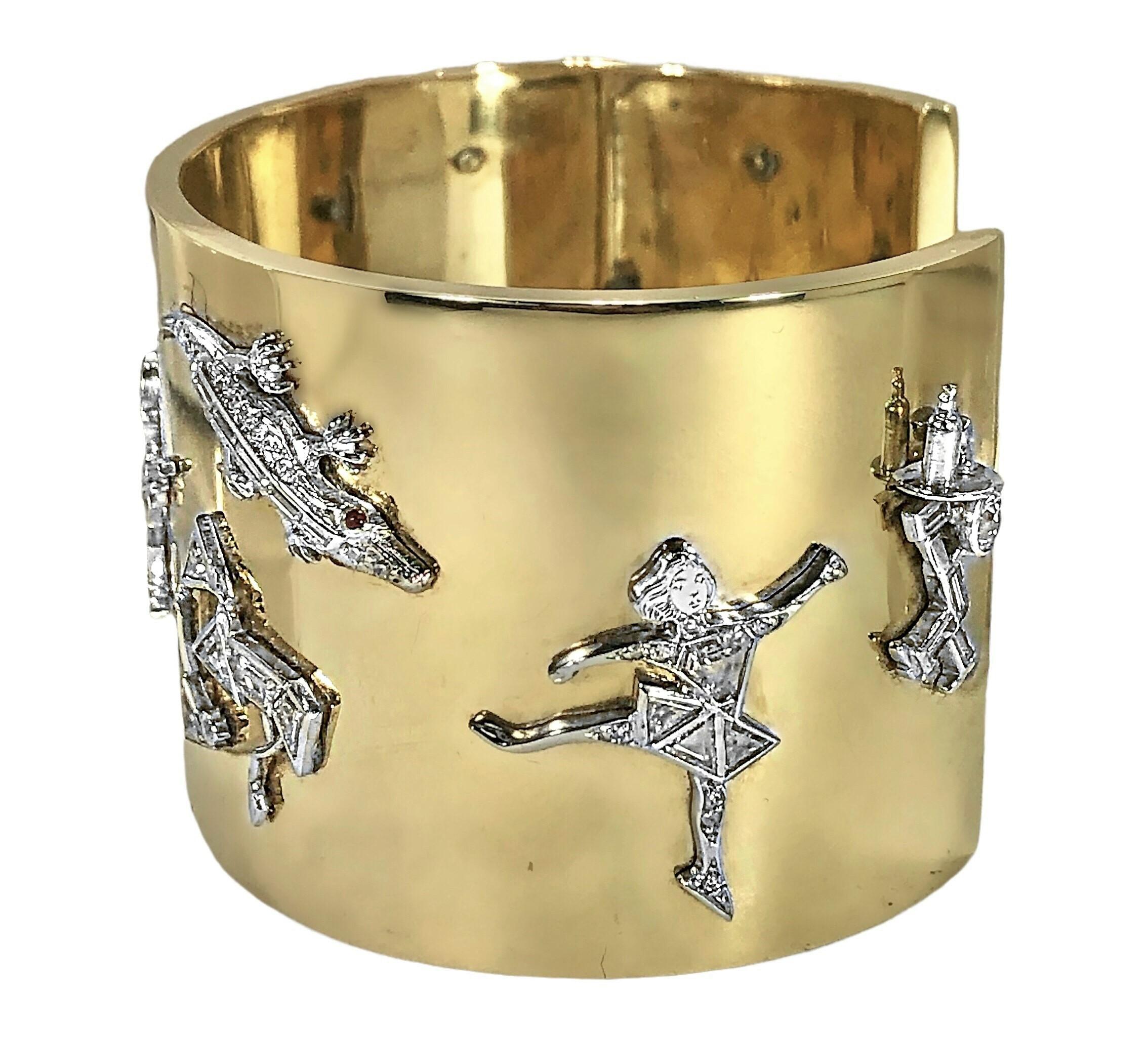 1940's Wide Gold Cuff with Platinum & Diamond Art Deco Charms In Good Condition In Palm Beach, FL