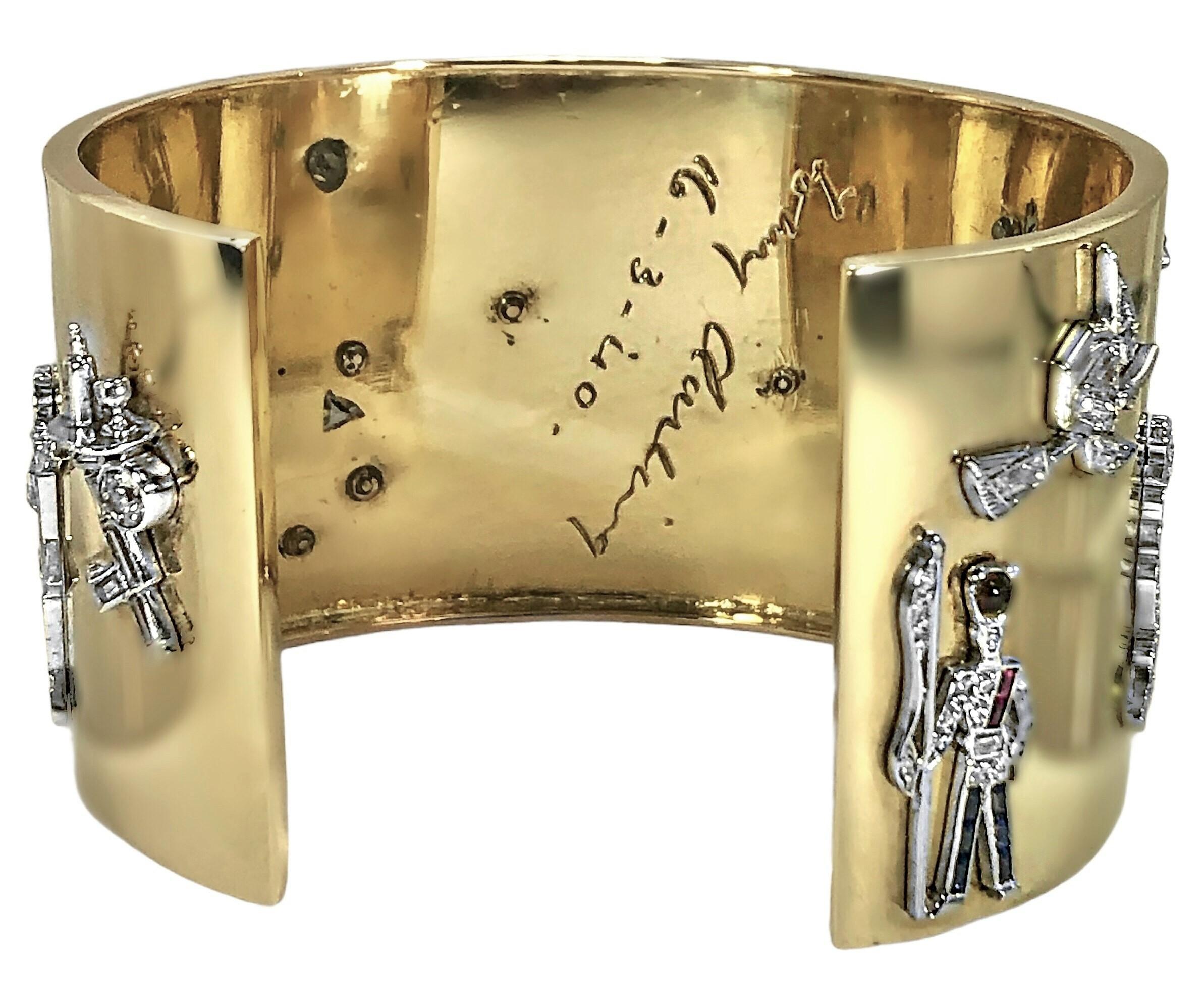 Women's 1940's Wide Gold Cuff with Platinum & Diamond Art Deco Charms