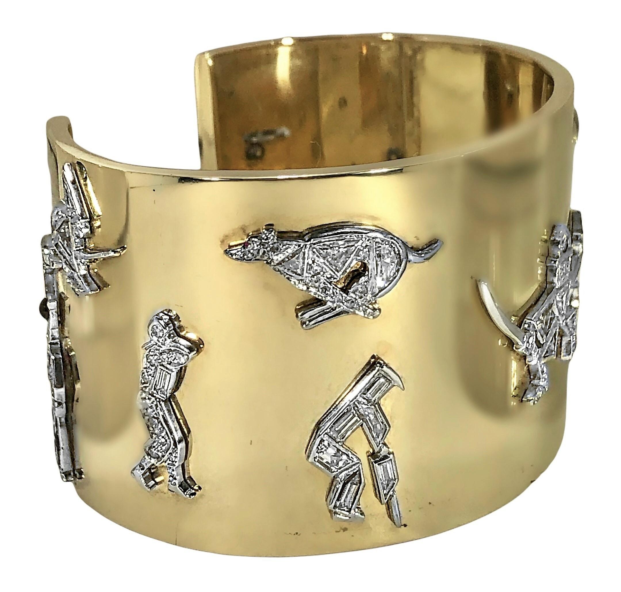 1940's Wide Gold Cuff with Platinum & Diamond Art Deco Charms 1