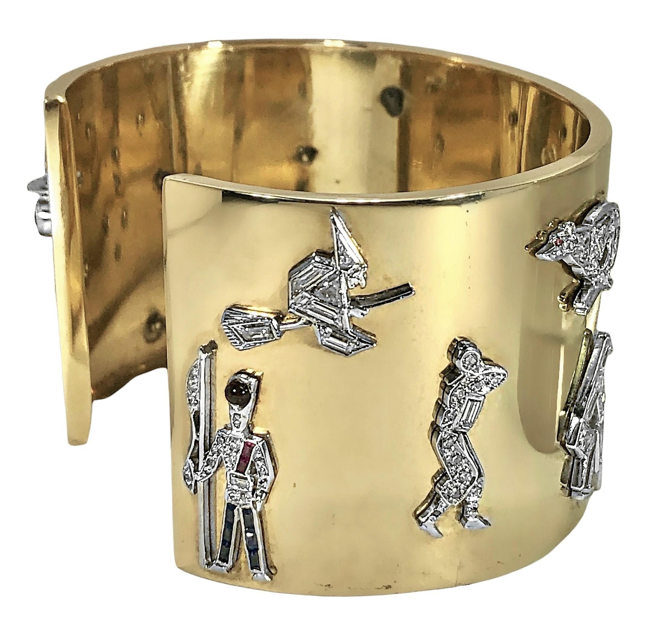 1940's Wide Gold Cuff with Platinum & Diamond Art Deco Charms 2