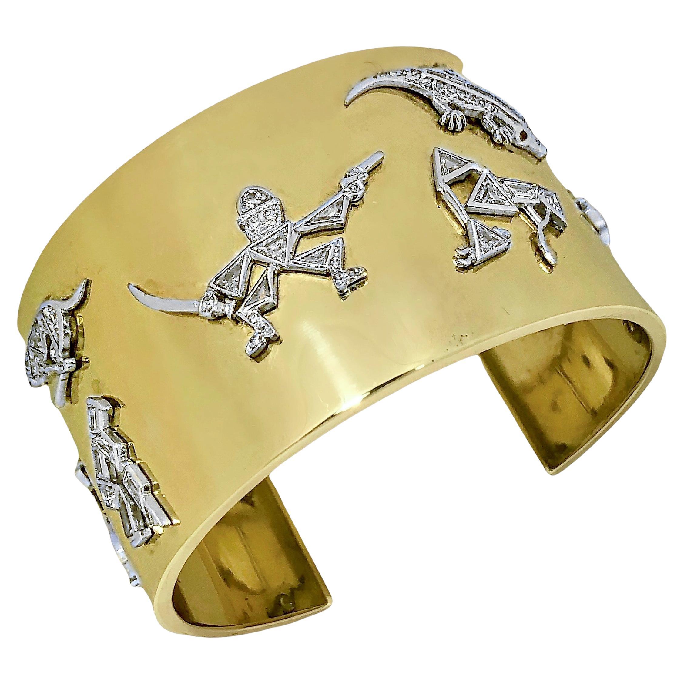 1940's Wide Gold Cuff with Platinum & Diamond Art Deco Charms