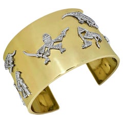 1940's Wide Gold Cuff with Platinum & Diamond Art Deco Charms