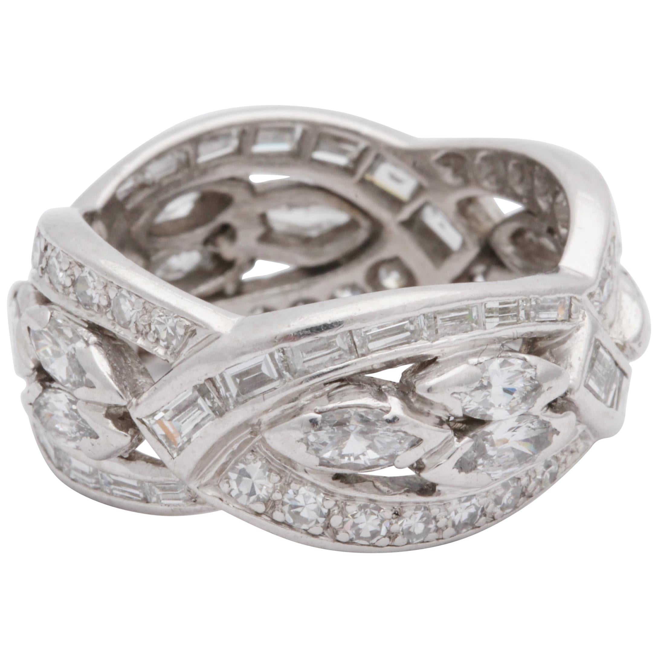 1940s Wide Marquis Cut Baguette Cut and Round Cut Diamond Platinum Eternity Band For Sale