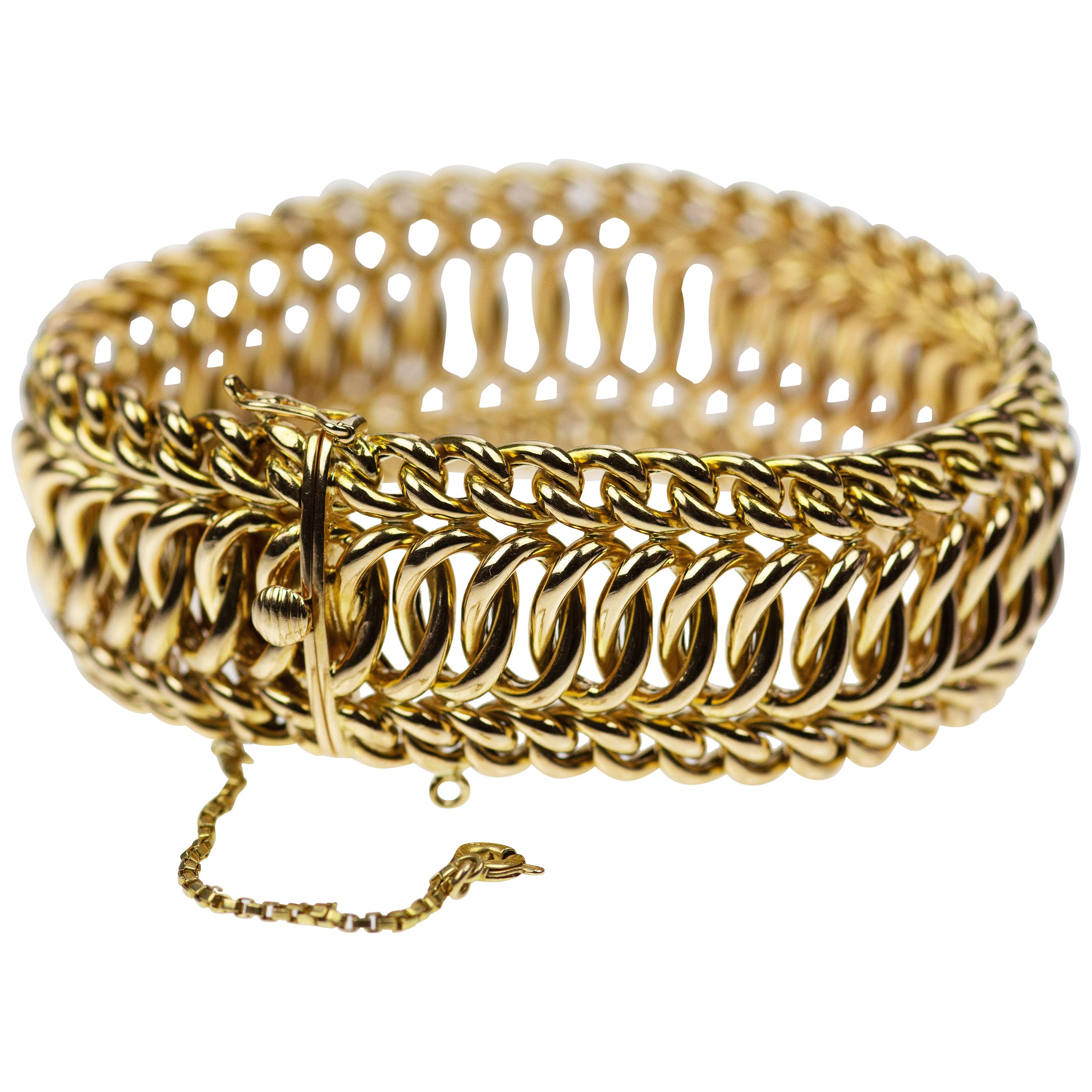 1940s Wide Band Woven Curb Bracelet in 18k Yellow Gold Retro Vintage