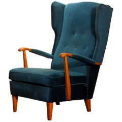 1940s Wingback Chair in Blue Velvet Model 77 by Knoll Malmö