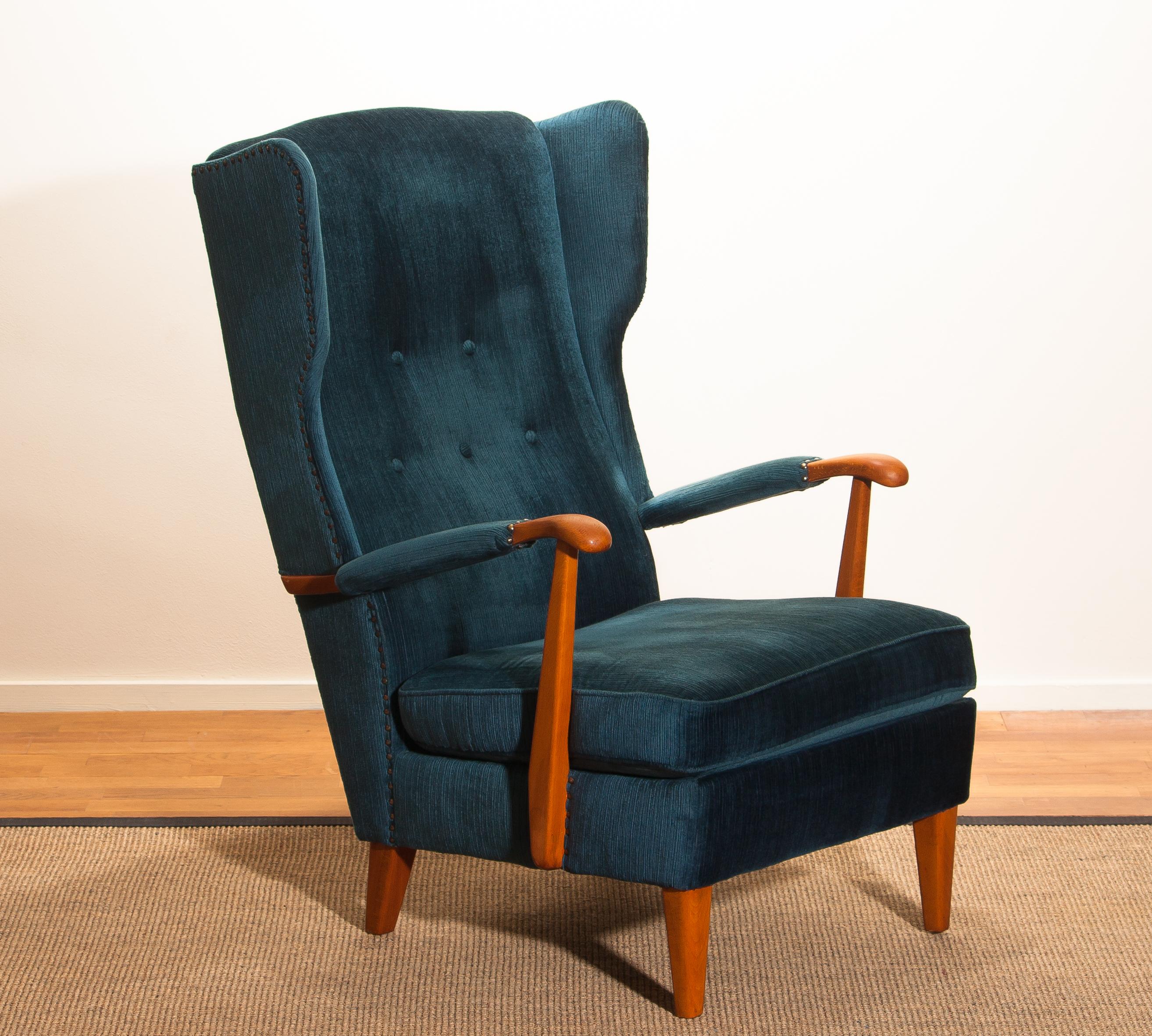 Mid-Century Modern 1940s Wingback Chair in Blue Velvet Model 77 by Knoll Malmö