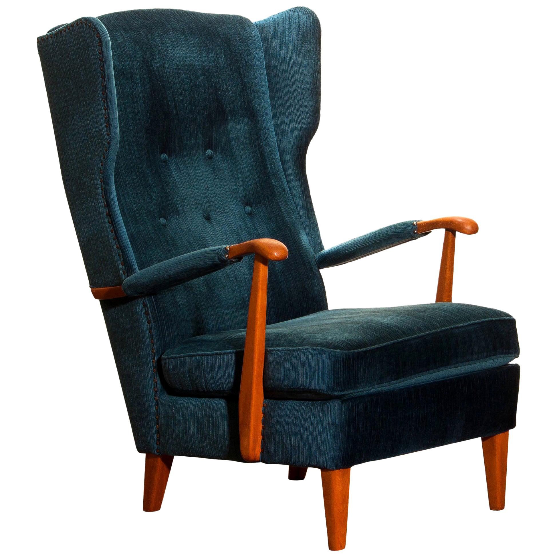 Swedish 1940s Wingback Chair in Blue Velvet Model 77 by Knoll Malmö