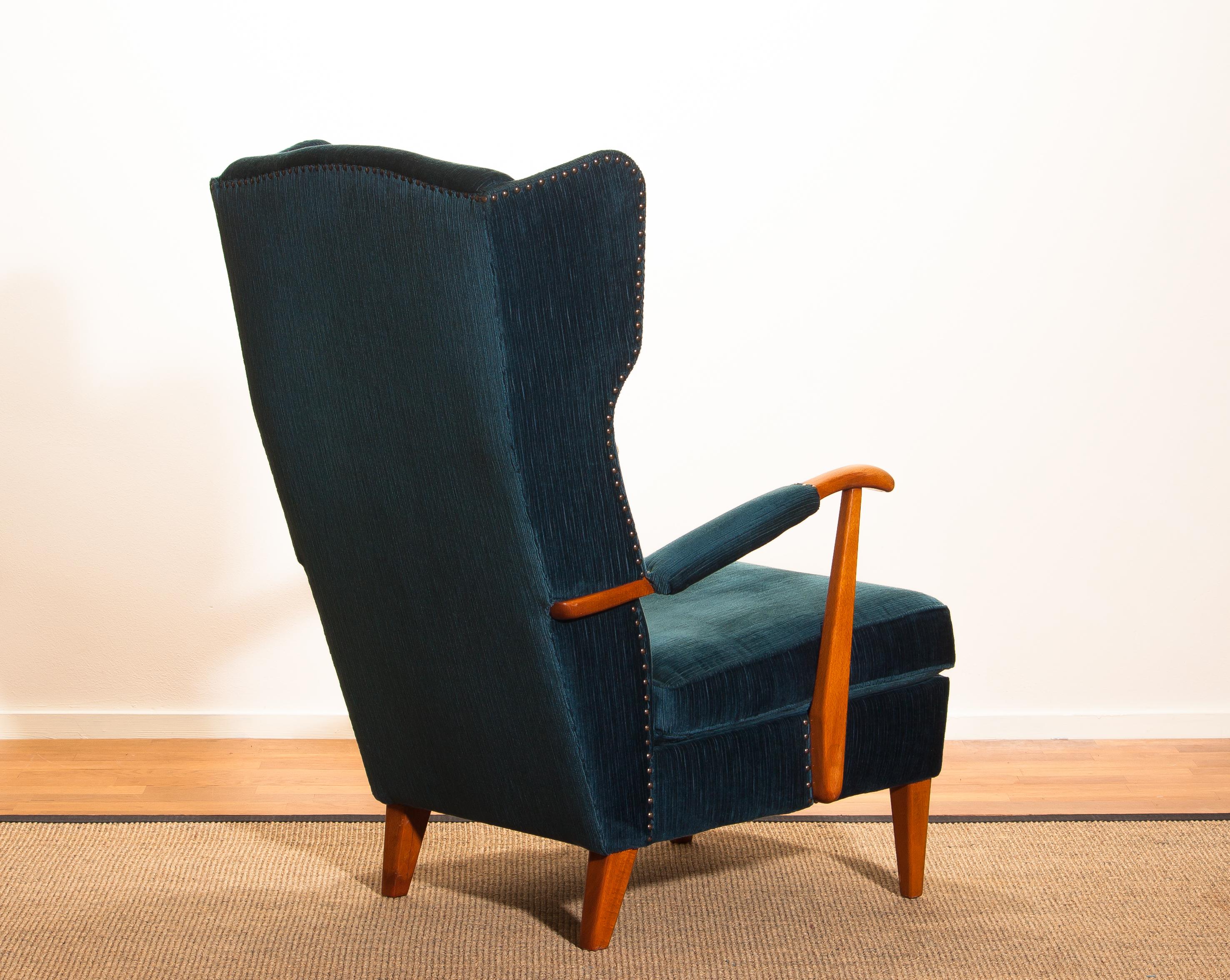Mid-20th Century 1940s Wingback Chair in Blue Velvet Model 77 by Knoll Malmö