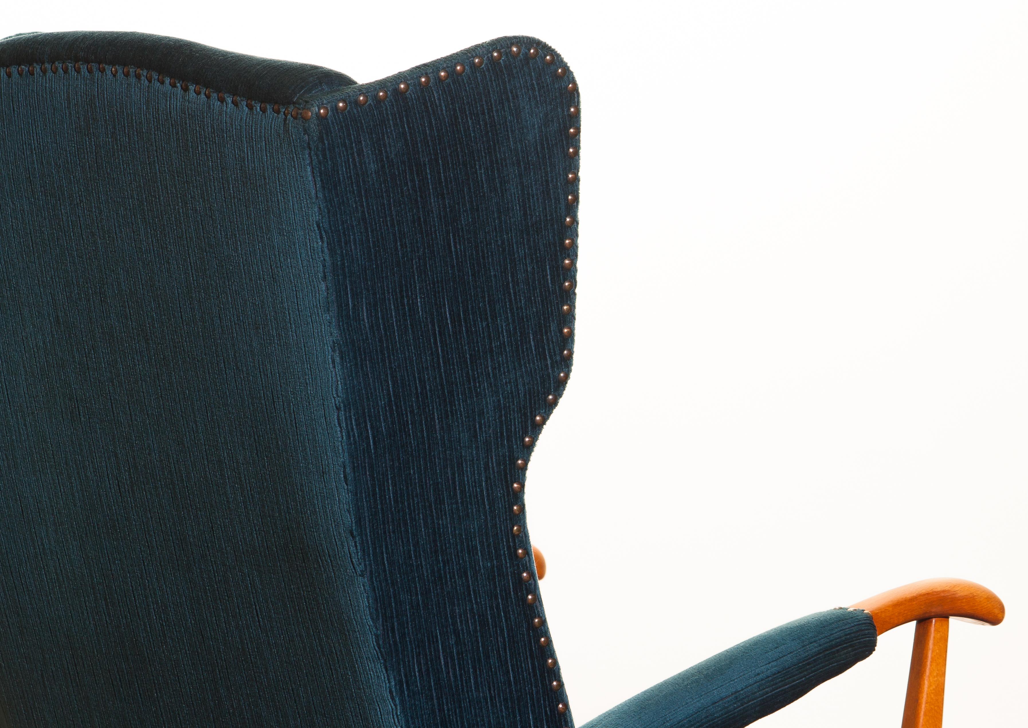 1940s Wingback Chair in Blue Velvet Model 77 by Knoll Malmö 1