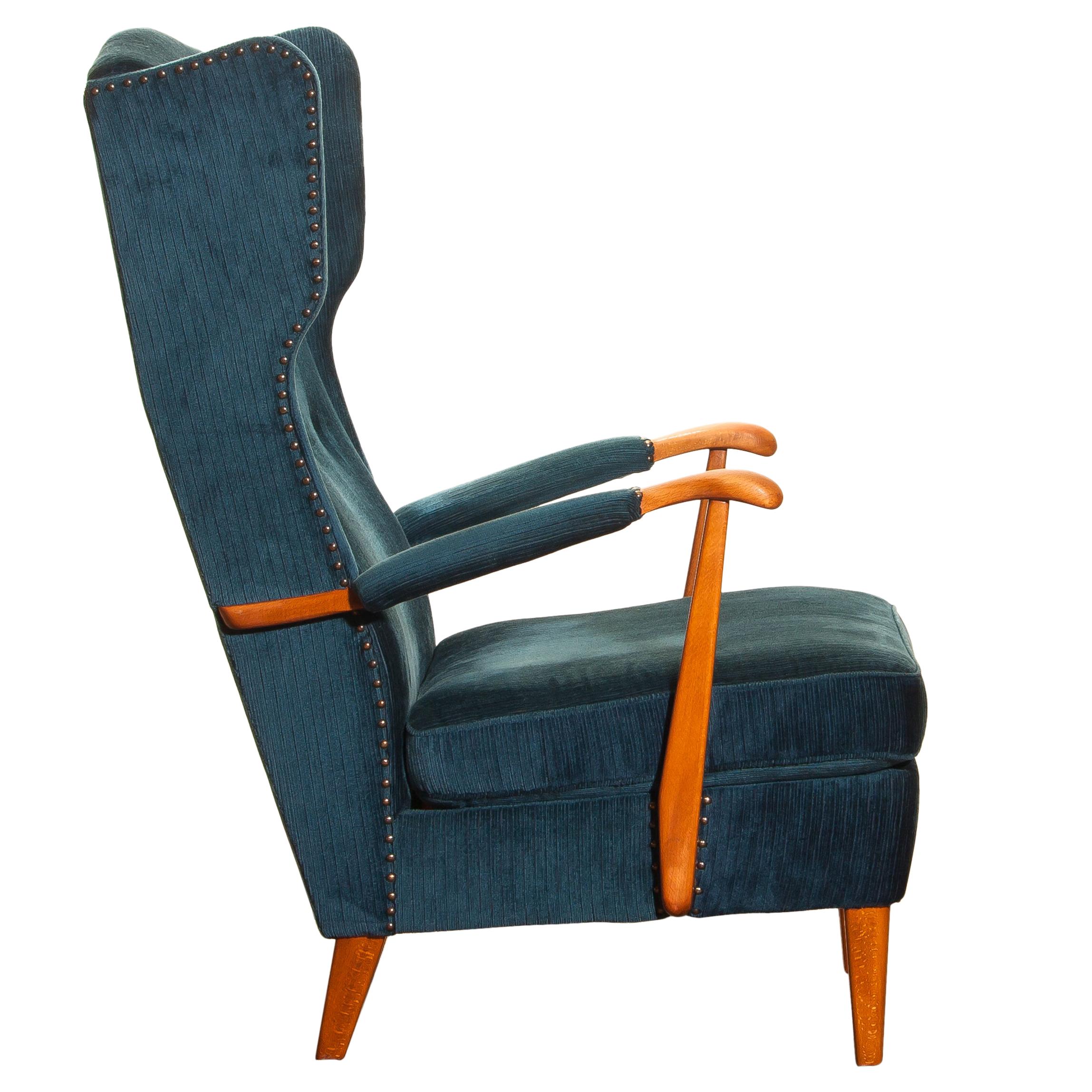 1940s Wingback Chair in Blue Velvet Model 77 by Knoll Malmö