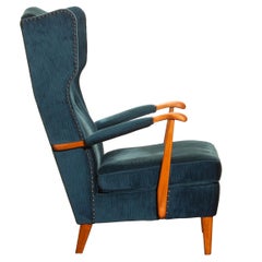 1940s Wingback Chair in Blue Velvet Model 77 by Knoll Malmö