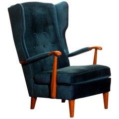 1940s Wingback Chair in Blue Velvet Model 77 by Knoll Malmö
