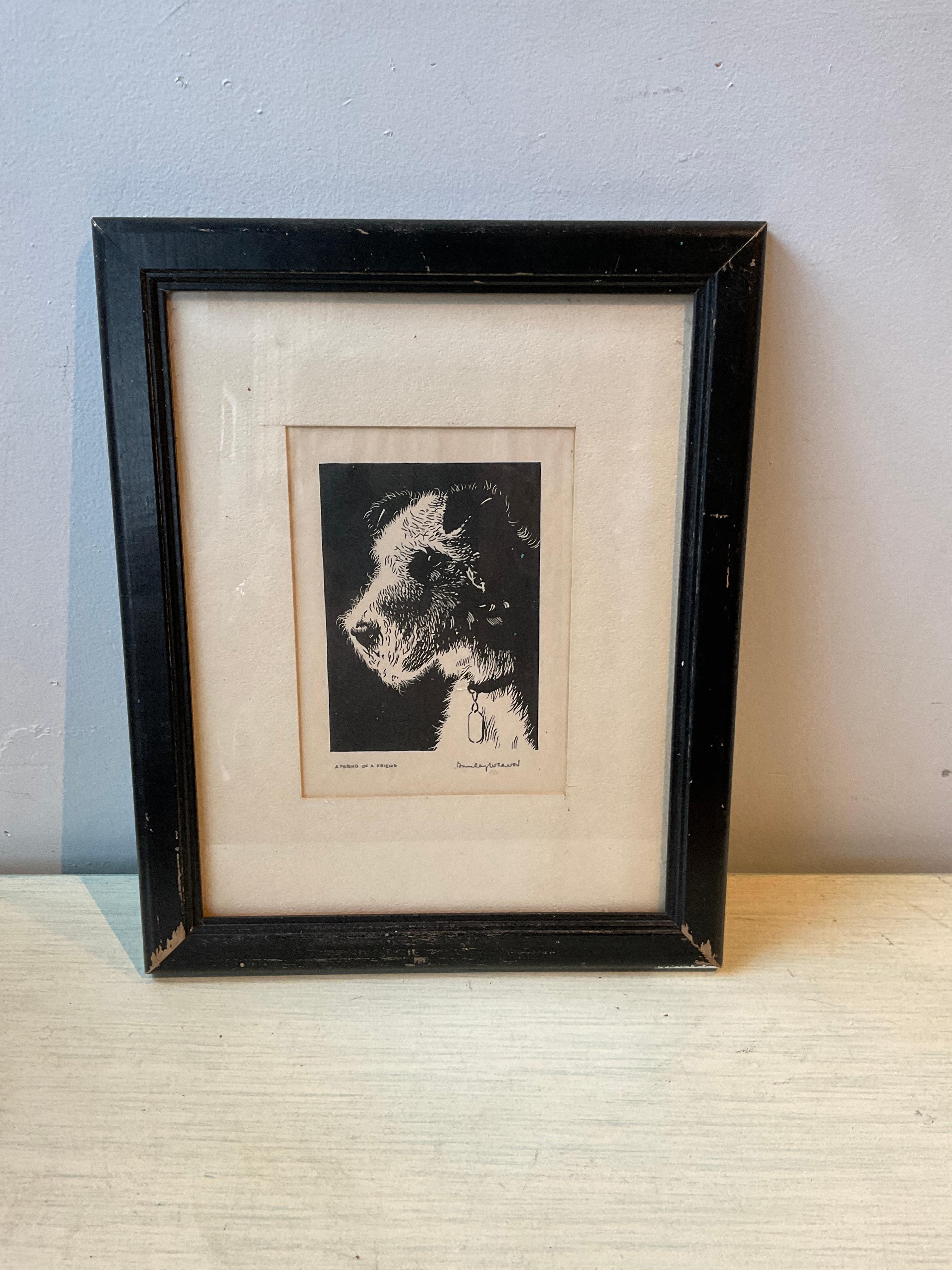 1940s linoleum block print of a wire fox terrier by Burnley Weaver. White paint on one corner of frame.