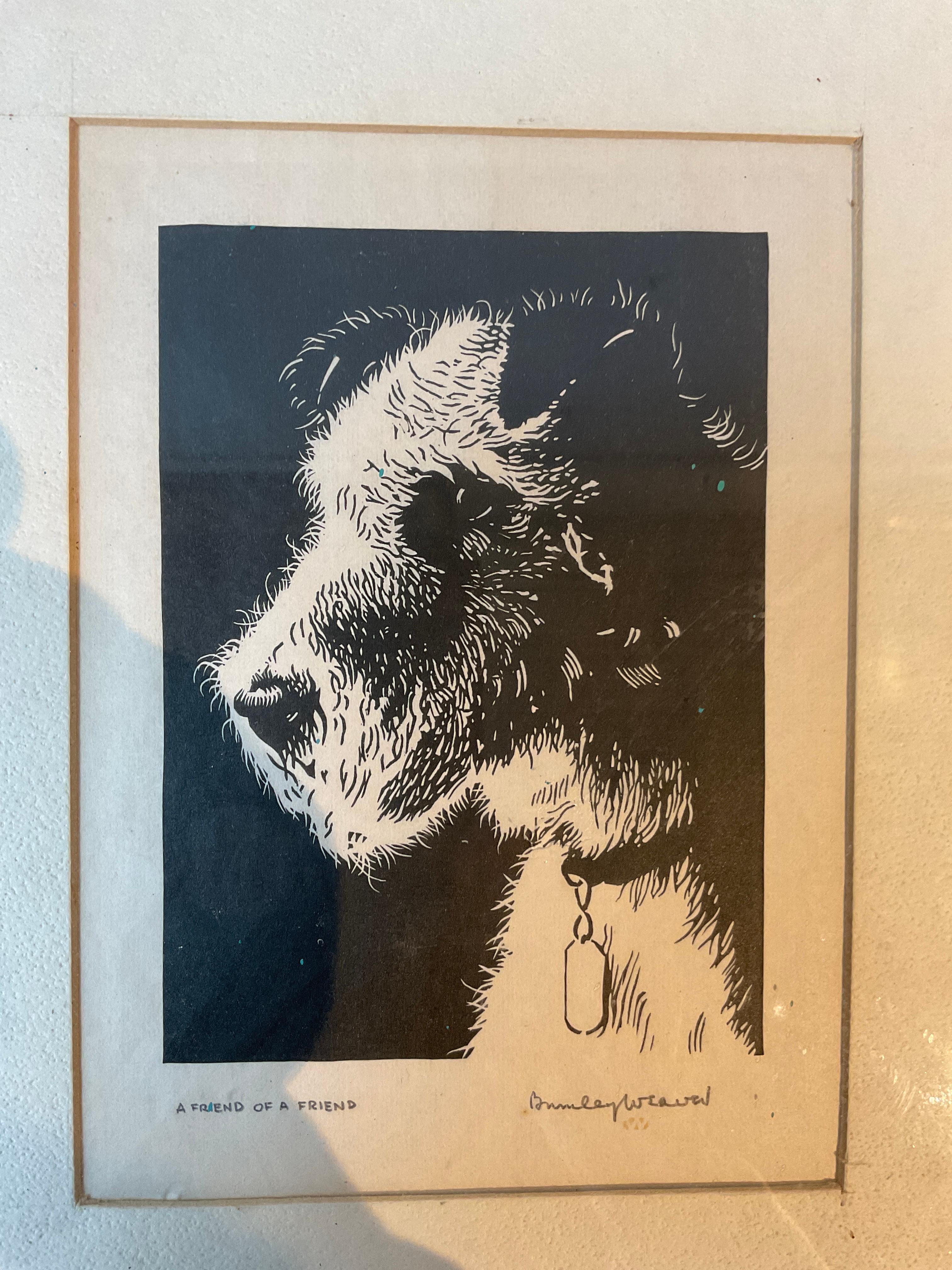 Mid-20th Century 1940s Wire Fox Terrier Linoleum Block Print By Burnley Weaver For Sale