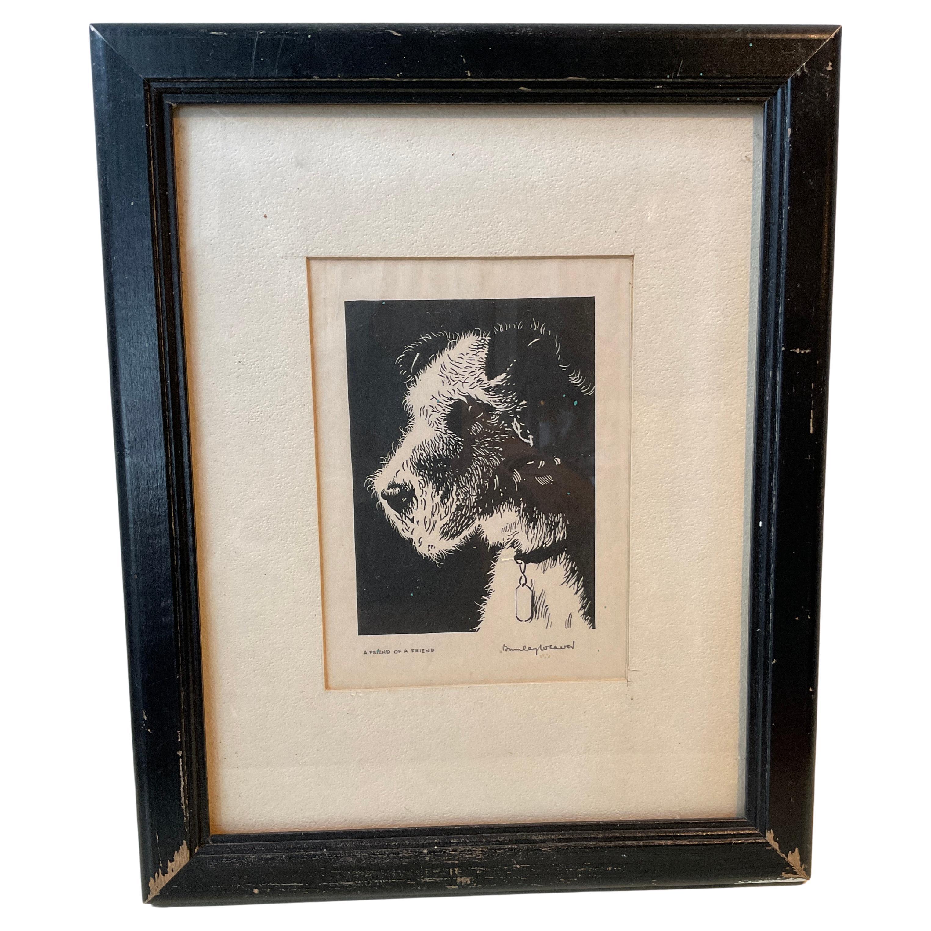 1940er Jahre Draht Fuchs Terrier Linoleum Blockdruck von Burnley Weaver