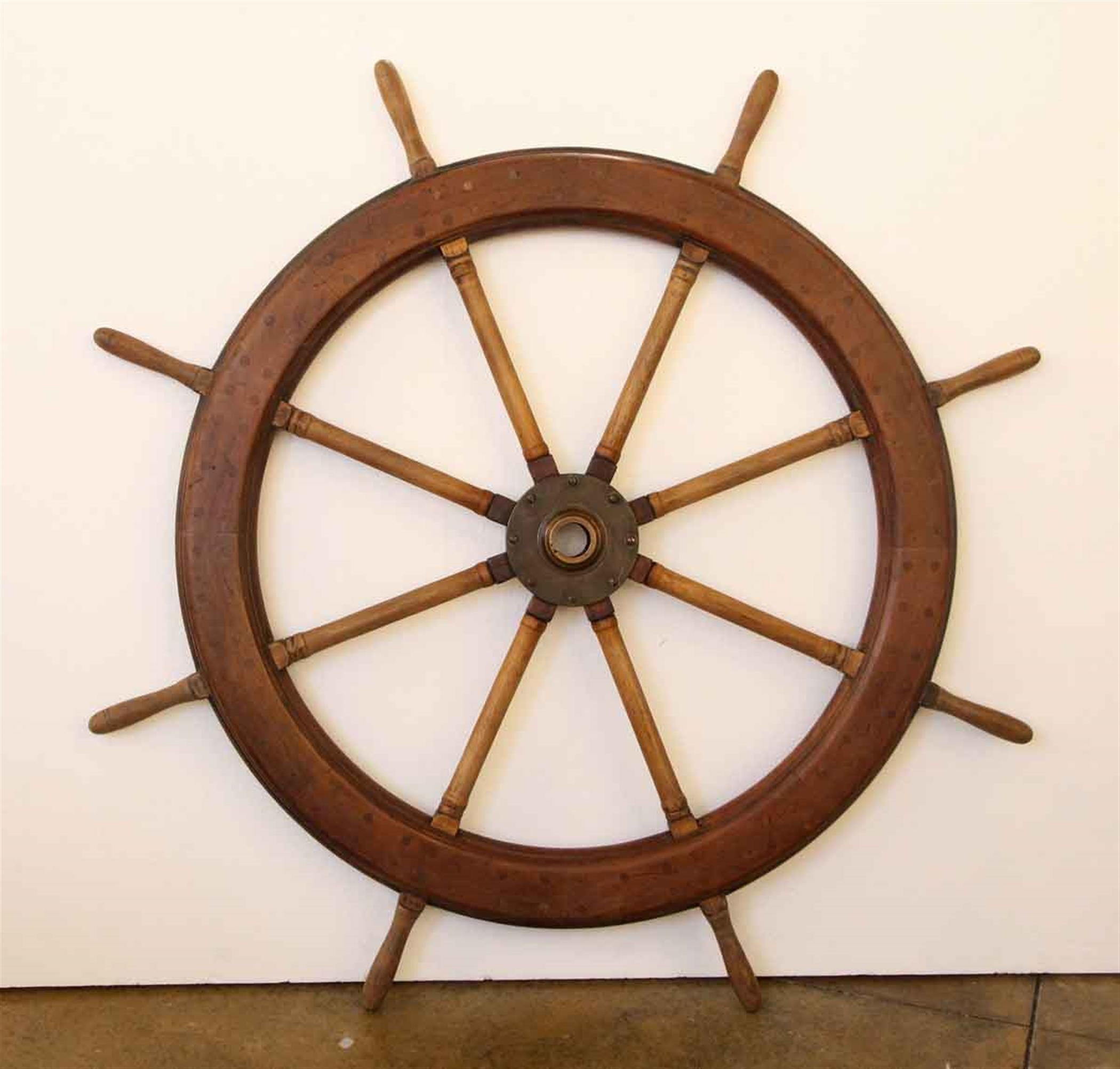 Industrial 1940s Wood Ship Wheel with Bronze Center Hub, Spoke to Spoke