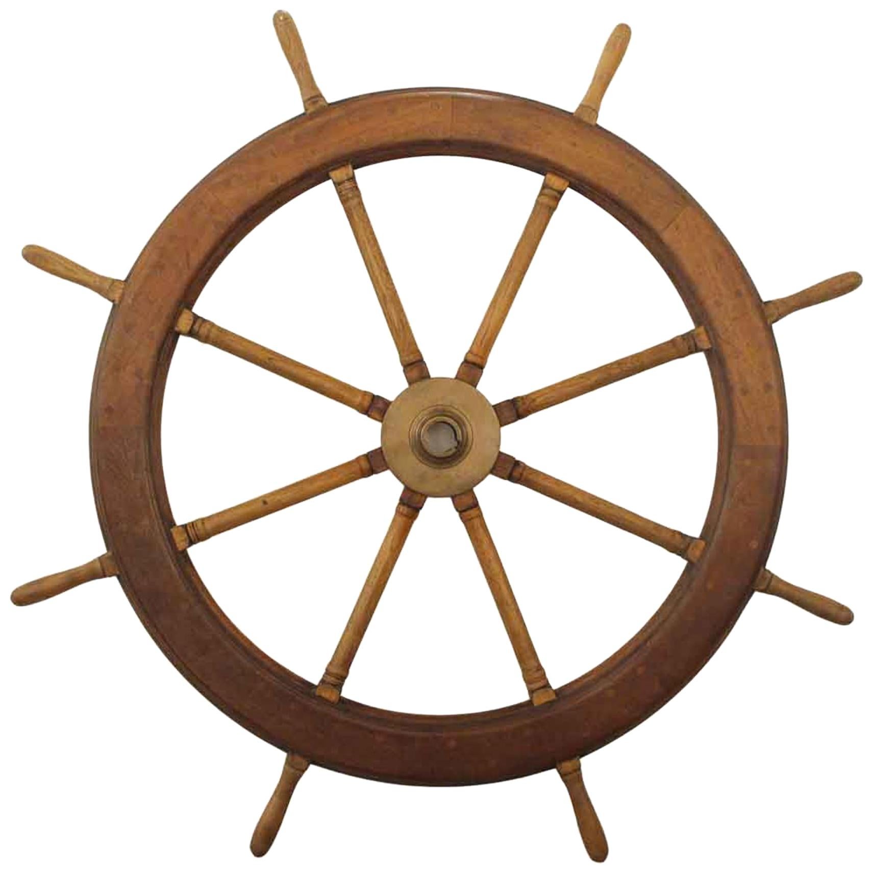 1940s Wood Ship Wheel with Bronze Center Hub, Spoke to Spoke