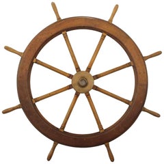 Vintage 1940s Wood Ship Wheel with Bronze Center Hub, Spoke to Spoke