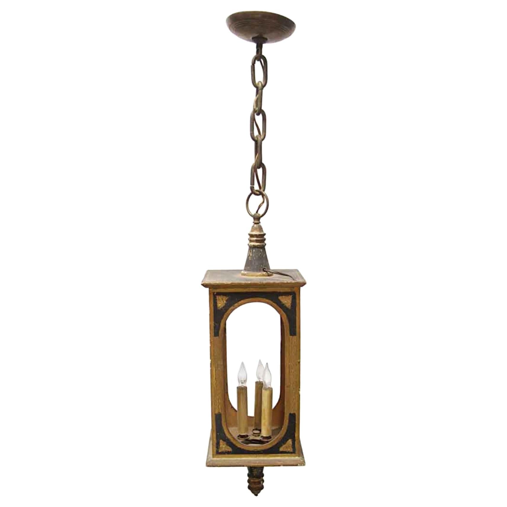 1940s Wood Victorian Lantern Pendant Light Gold Leaf and Black Open Body