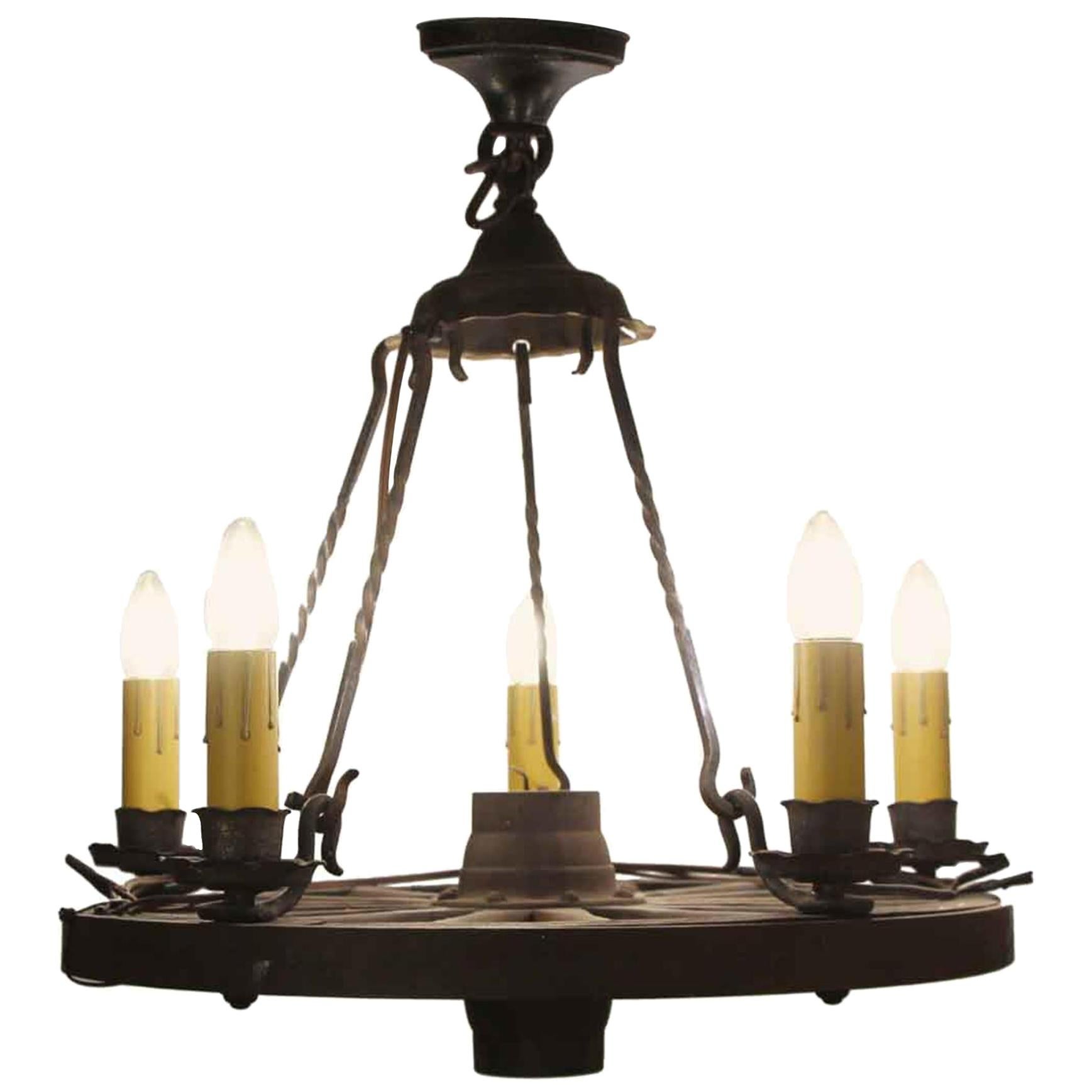 1940s Wood and Wrought Iron Five-Light Wagon Wheel Chandelier