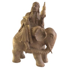 1940s Talla de Madera de Mercader sobre un Elefante Montada en Base de Lucite