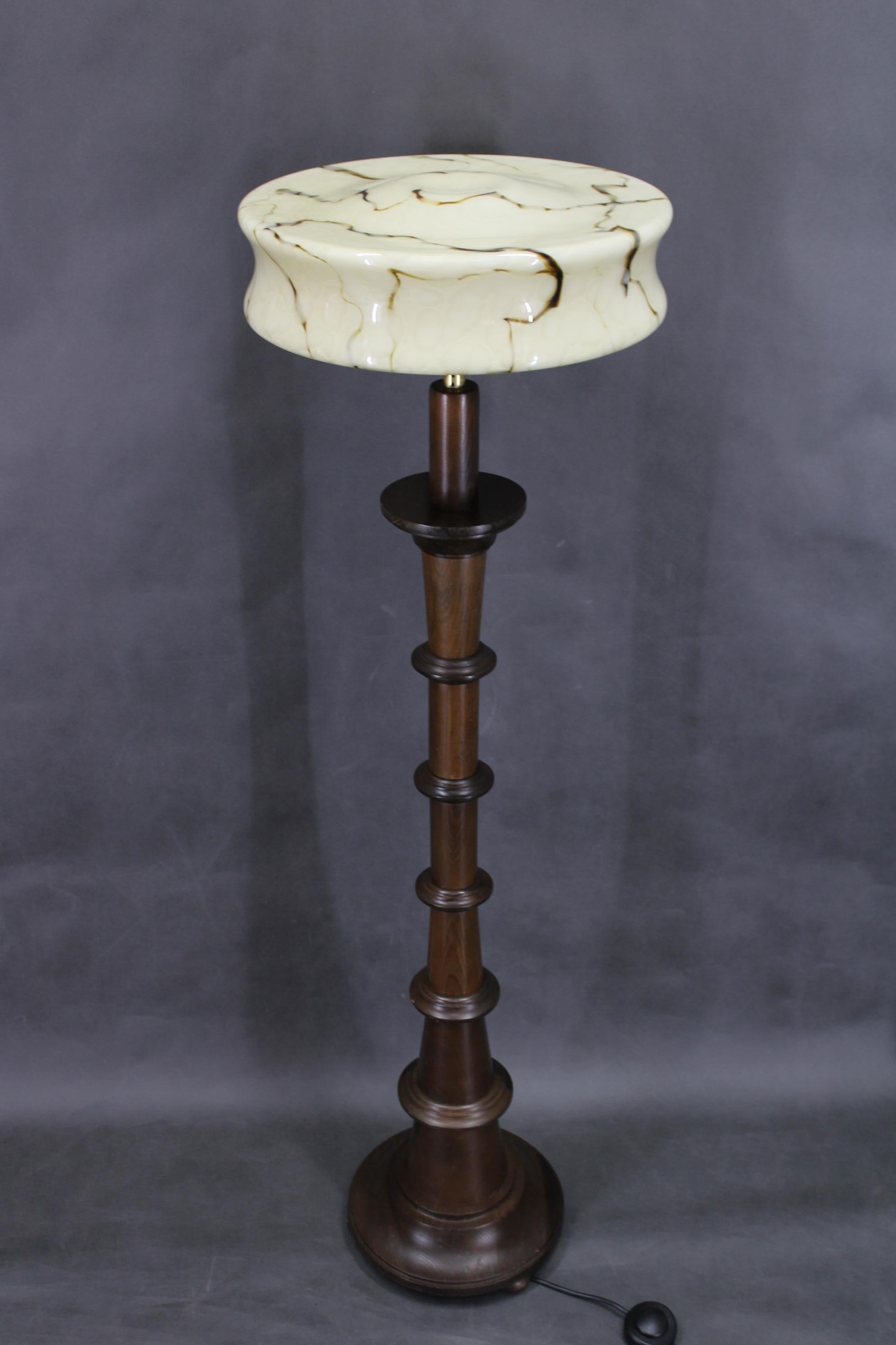Art Deco 1940s Wooden Floor Lamp with  Glass Shade For Sale