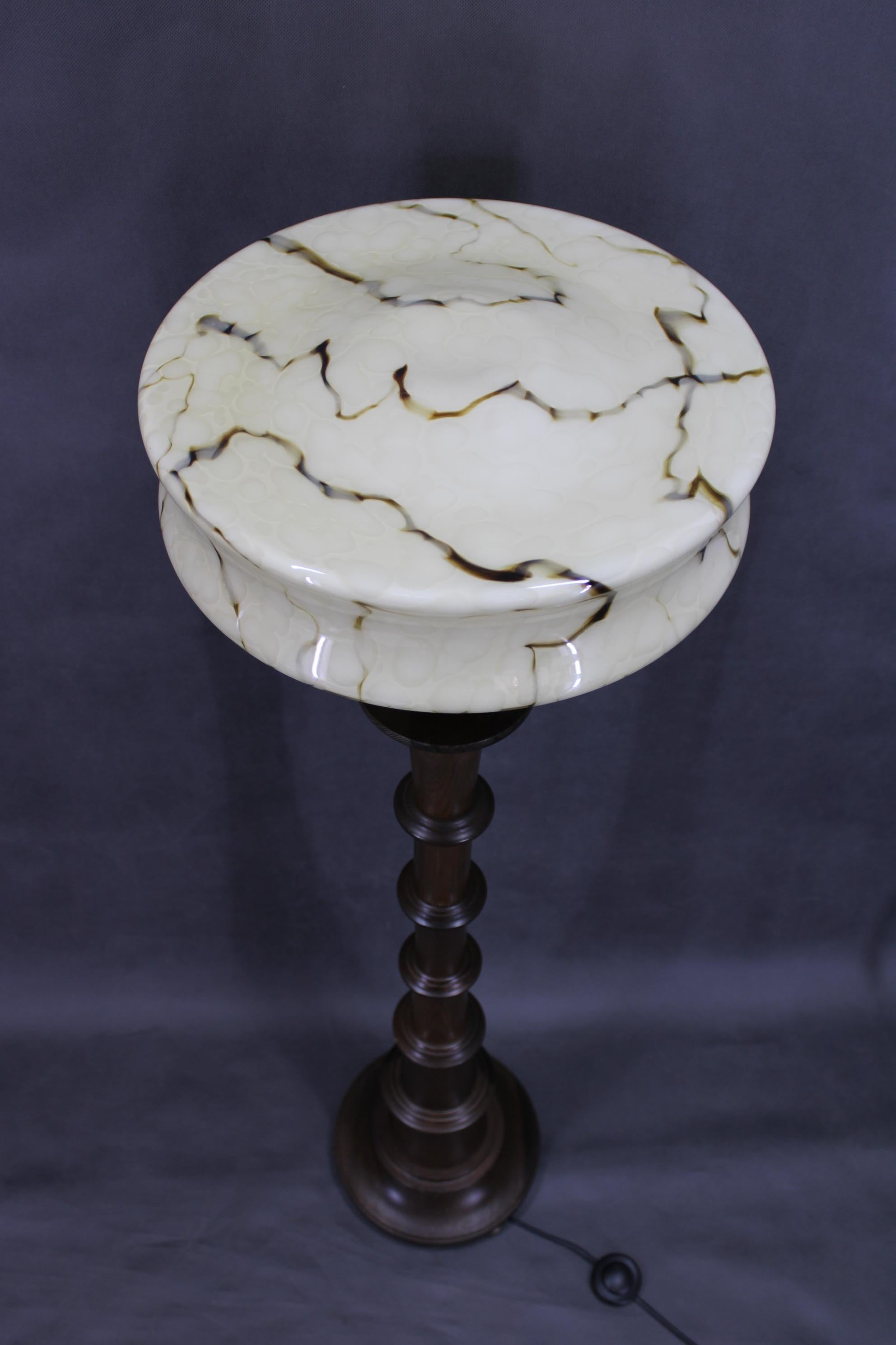 Czech 1940s Wooden Floor Lamp with  Glass Shade For Sale