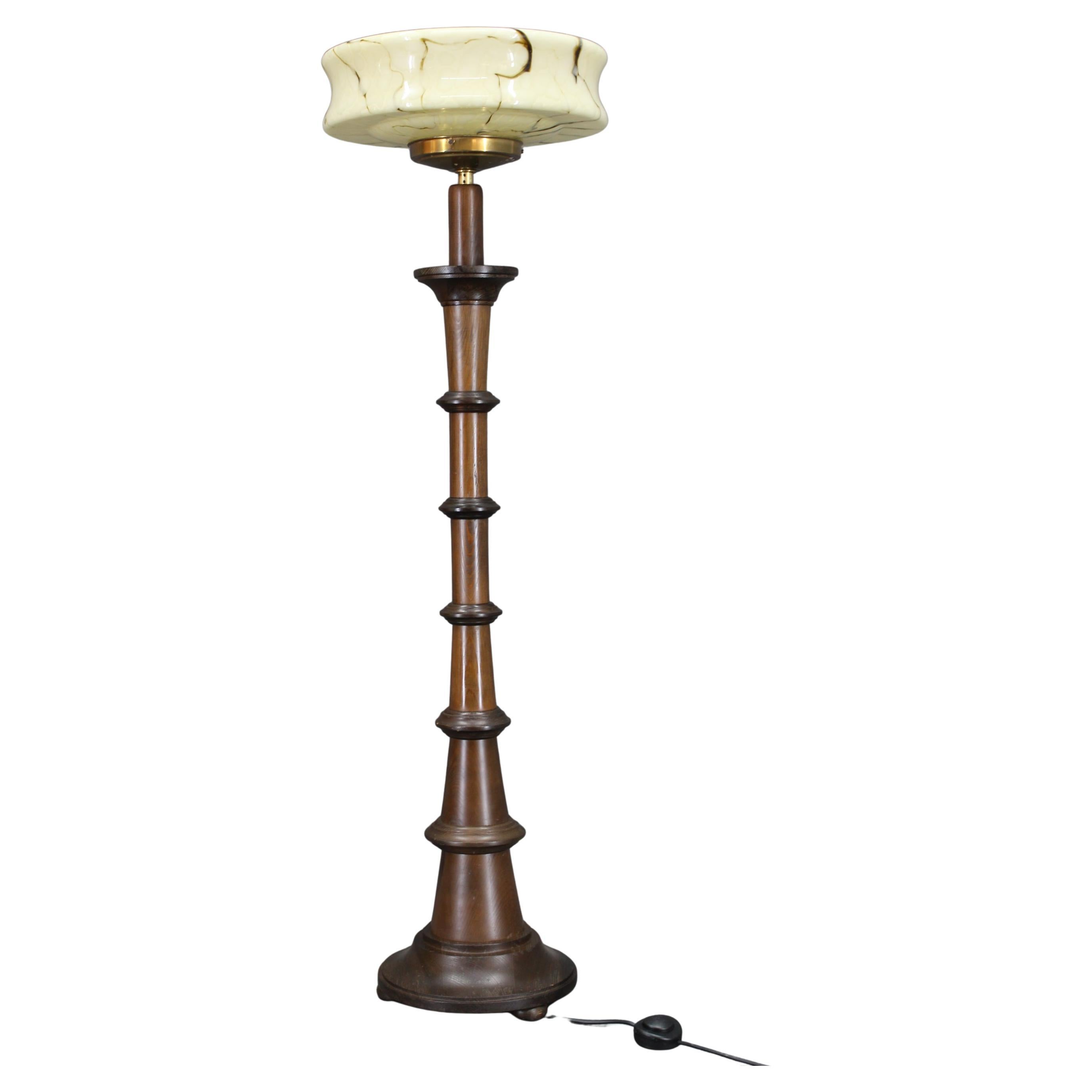1940s Wooden Floor Lamp with  Glass Shade For Sale
