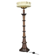 1940s Wooden Floor Lamp with  Glass Shade