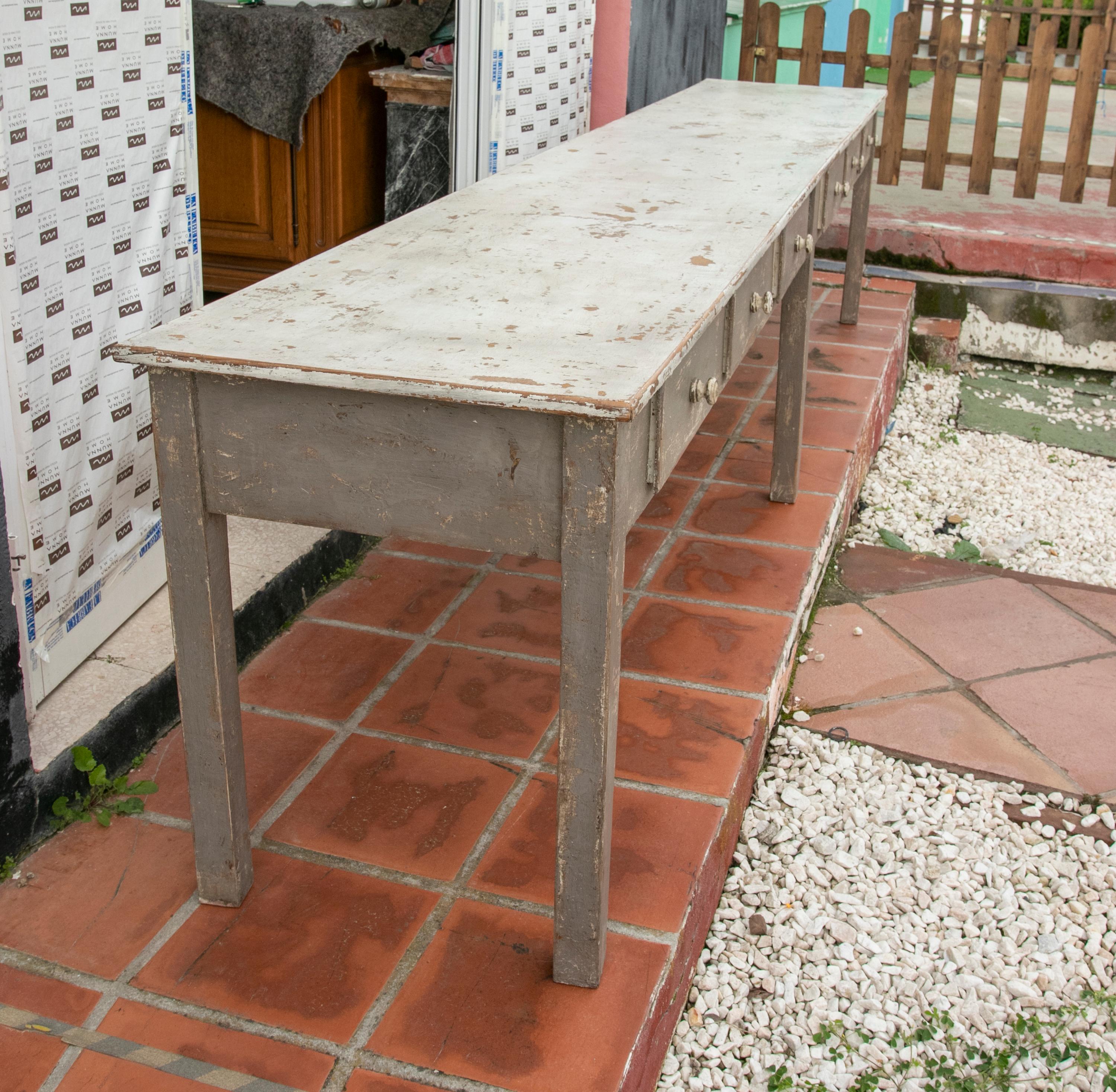 Spanish 1940s Wooden Table with Polychrome Drawers in Grey Tones