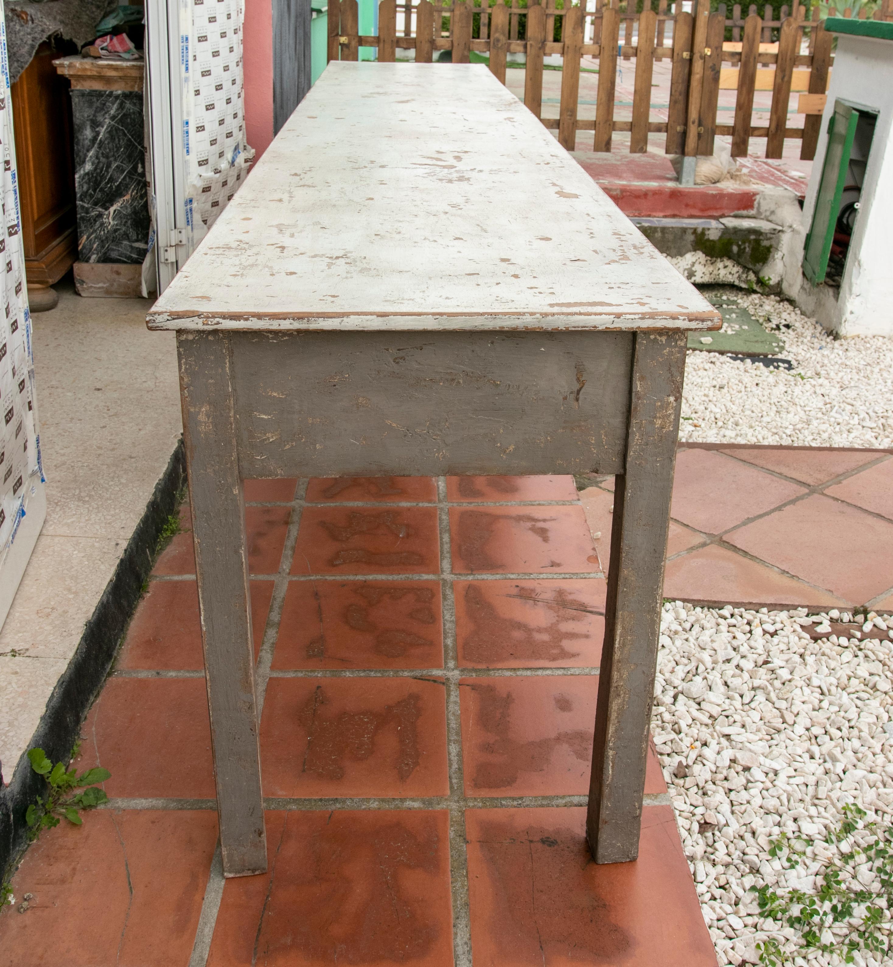 Hand-Painted 1940s Wooden Table with Polychrome Drawers in Grey Tones