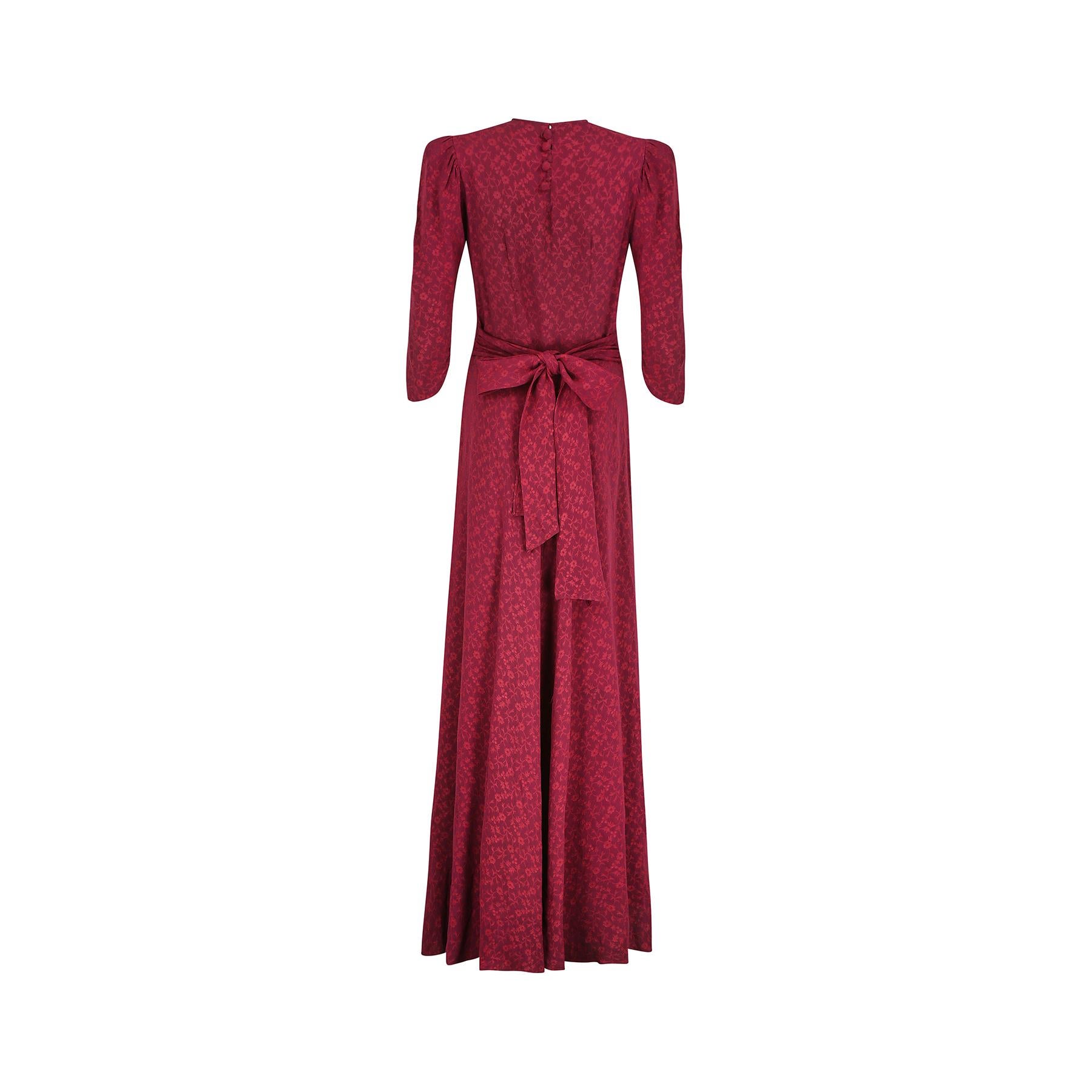 Vestido Borgoña Floral de Crepé de Lana de los Años 40 Rojo