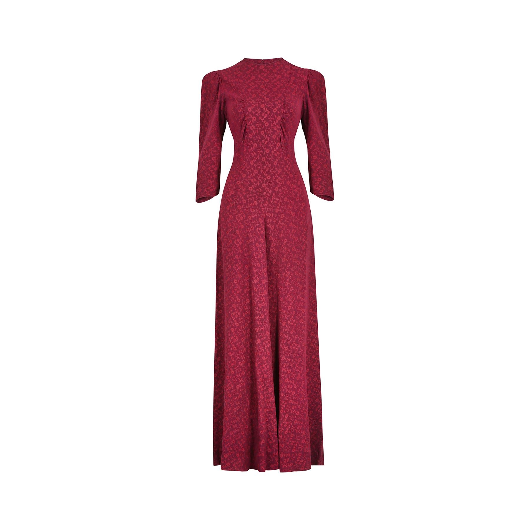 Red 1940s Wool Crepe Floral Burgundy Dress For Sale
