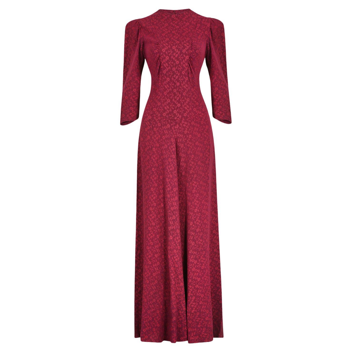 1940s Wool Crepe Floral Burgundy Dress For Sale