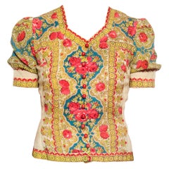 Vintage 1940S Wool Challis Paisley Top With Roses And Strawberries