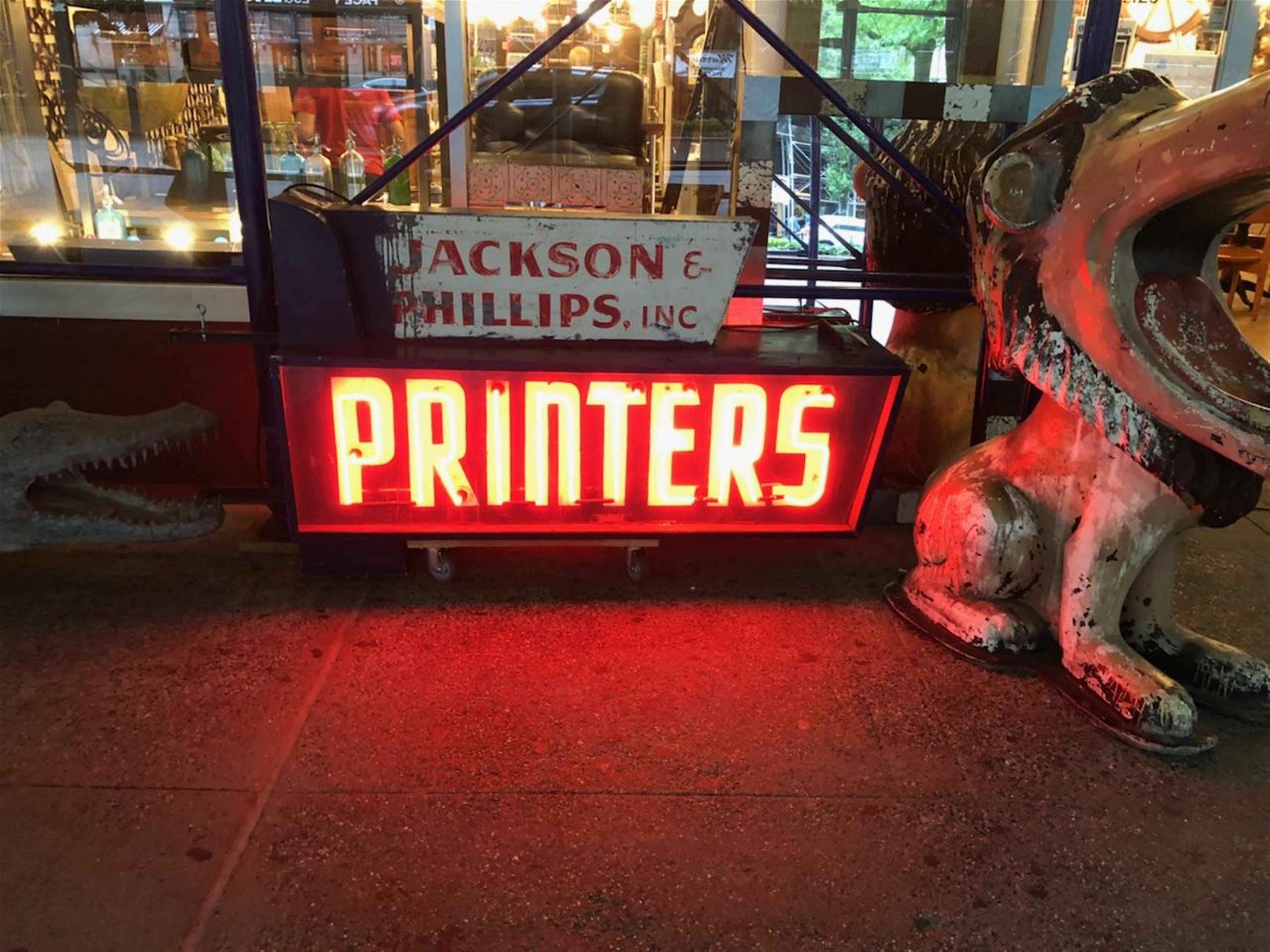 American 1940s Working Jackson & Phillips Double-Sided Neon Printers Building Sign