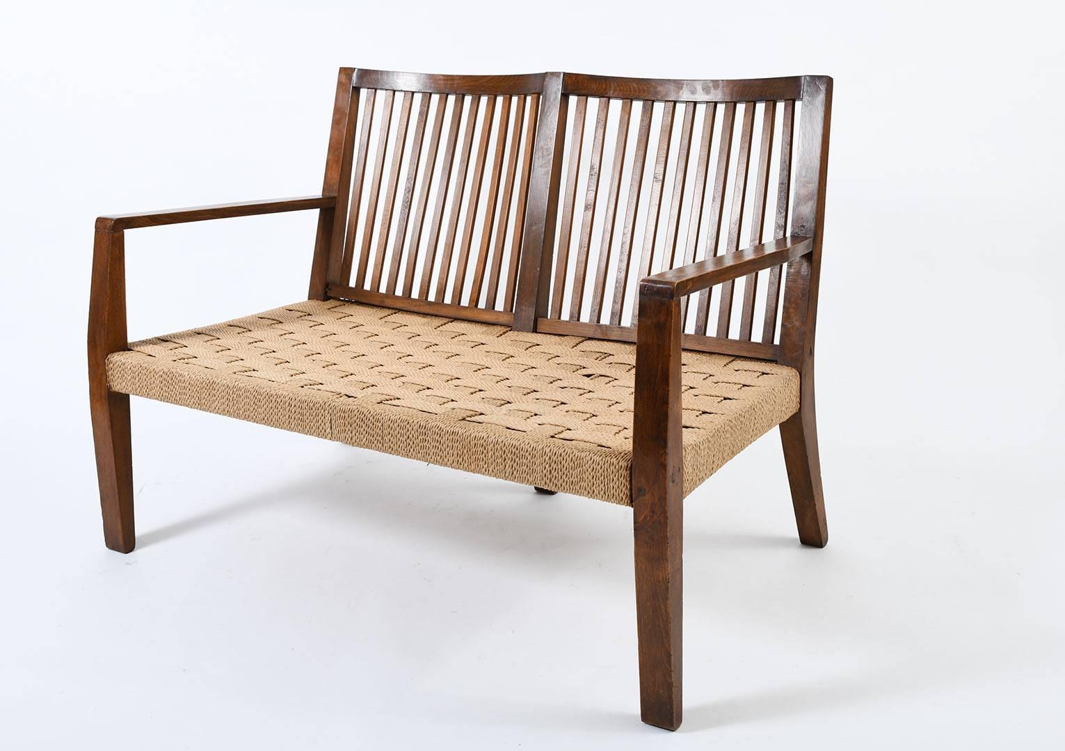 Mid-Century Modern 1940s Woven Rope and Oak Settee