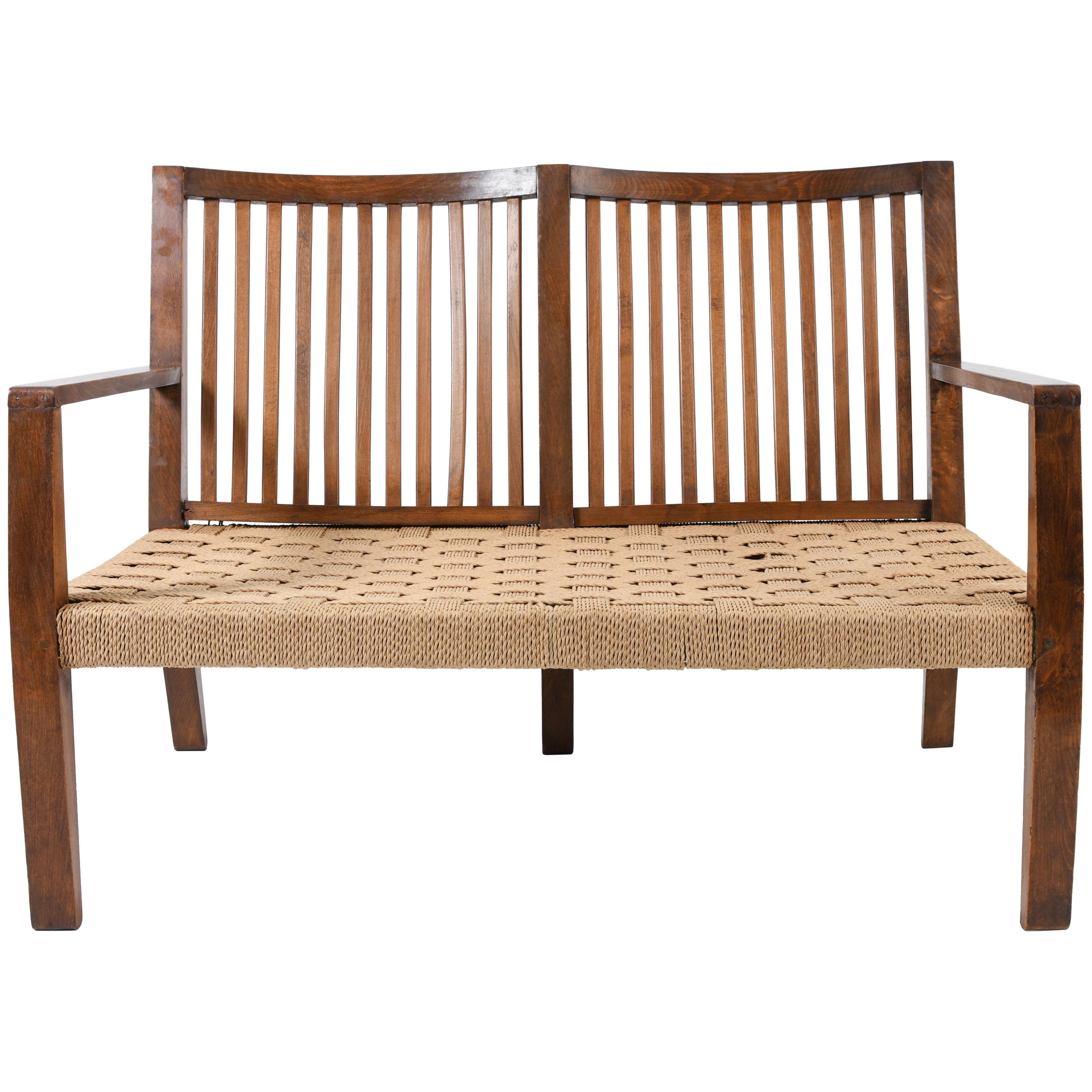 1940s Woven Rope and Oak Settee