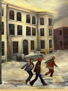 1940s WPA School Winter Scene Oil Painting by A. Stuz